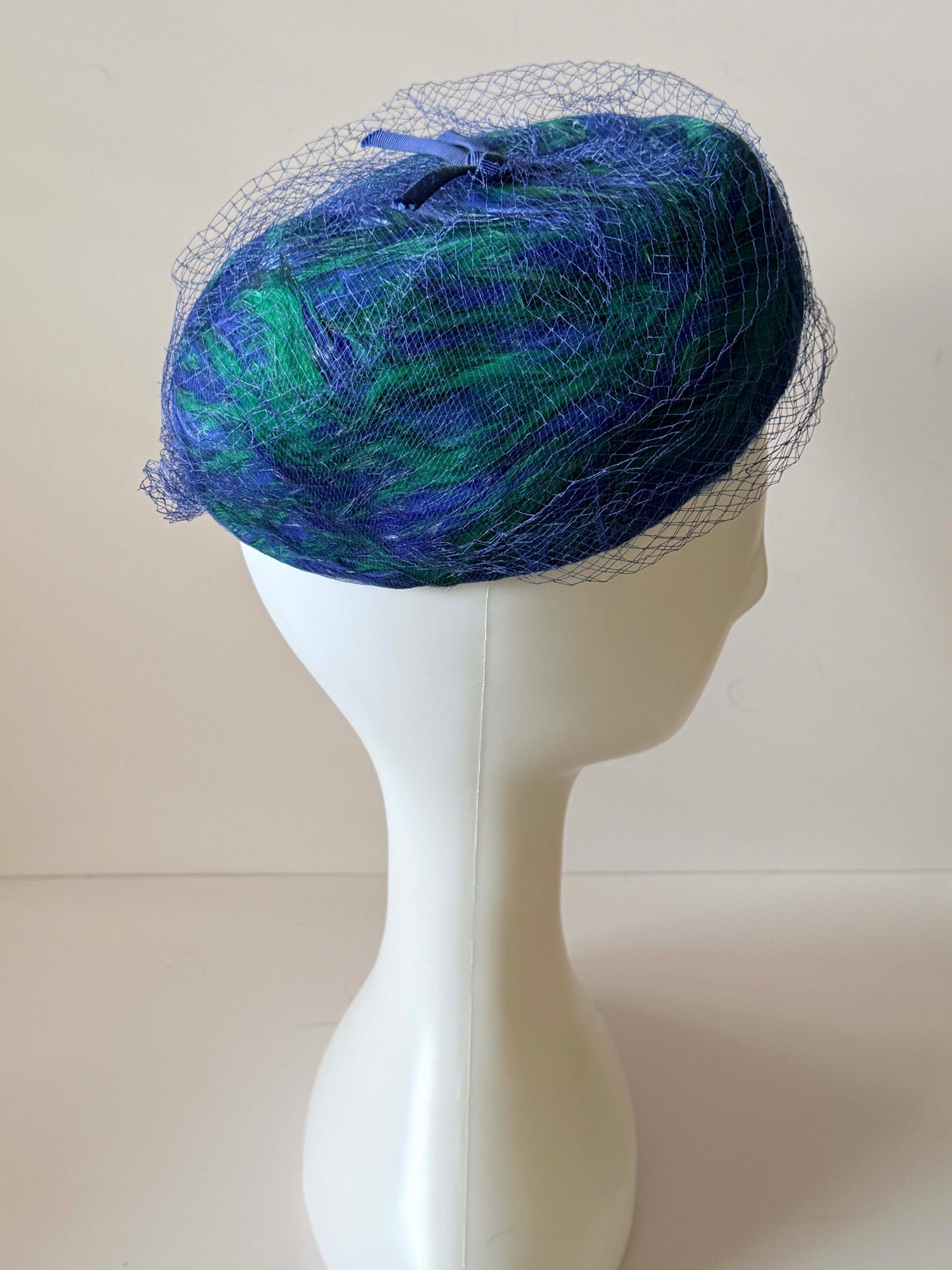 1940s–1960s Linda Anne Showgirl Feather Hat | Vintage Blue & Green Satin and Net Cocktail Headpiece