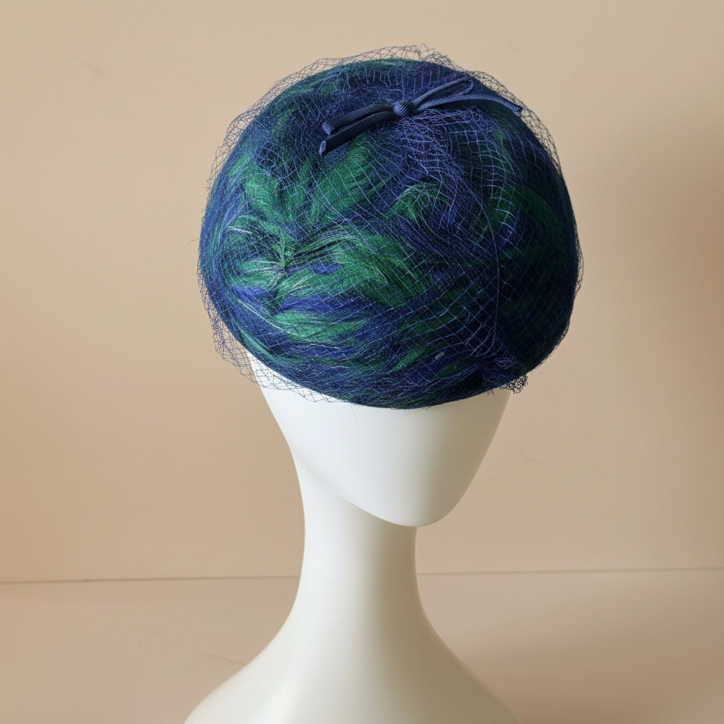 1940s–1960s Linda Anne Showgirl Feather Hat | Vintage Blue & Green Satin and Net Cocktail Headpiece