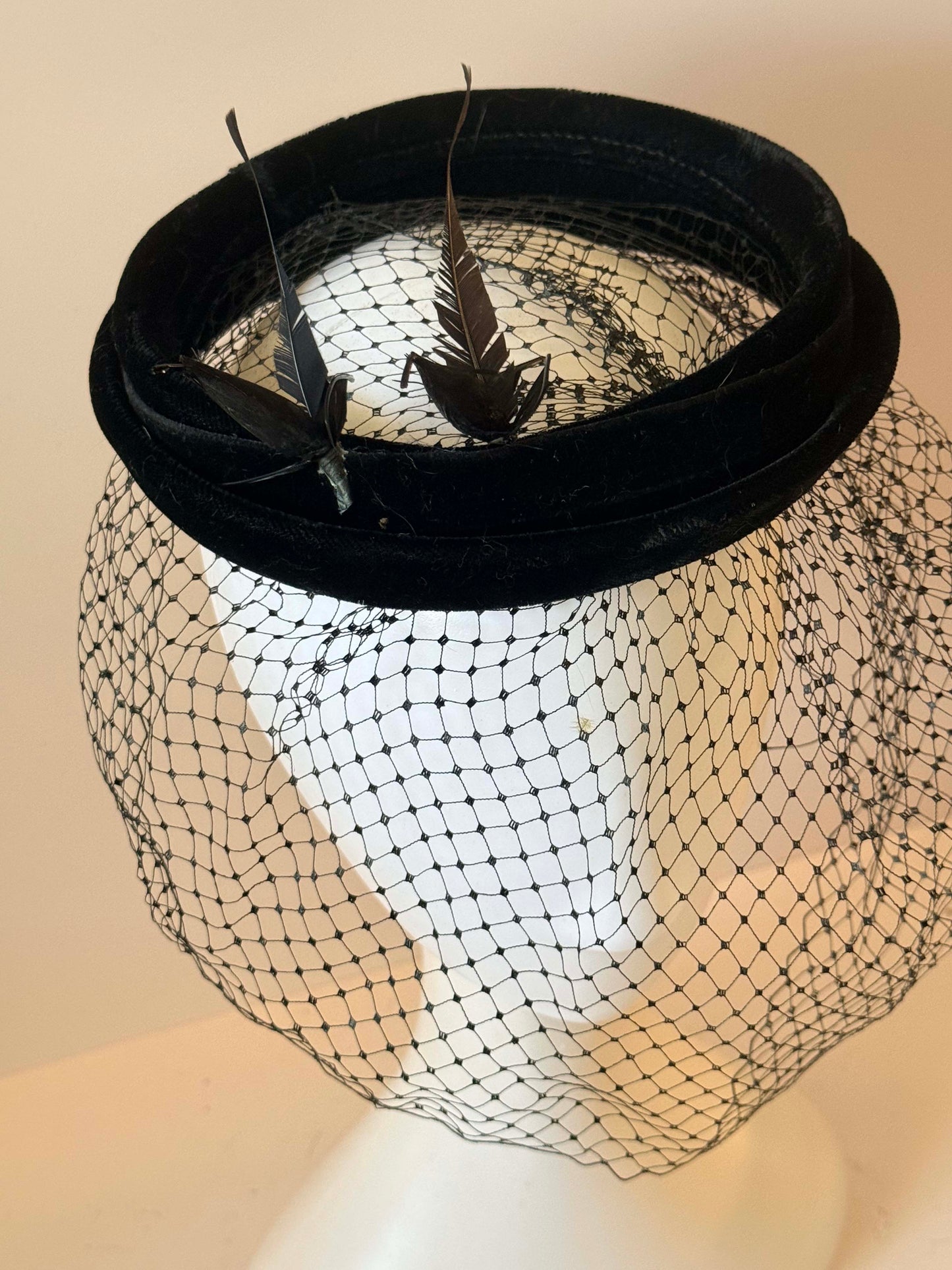 Vintage Black Velvet Halo Hat with Birdcage Veil | 1950s Cocktail Fascinator | Gothic Bridal Hat | Mid Century Millinery | Vintage Mourning Style Headpiece