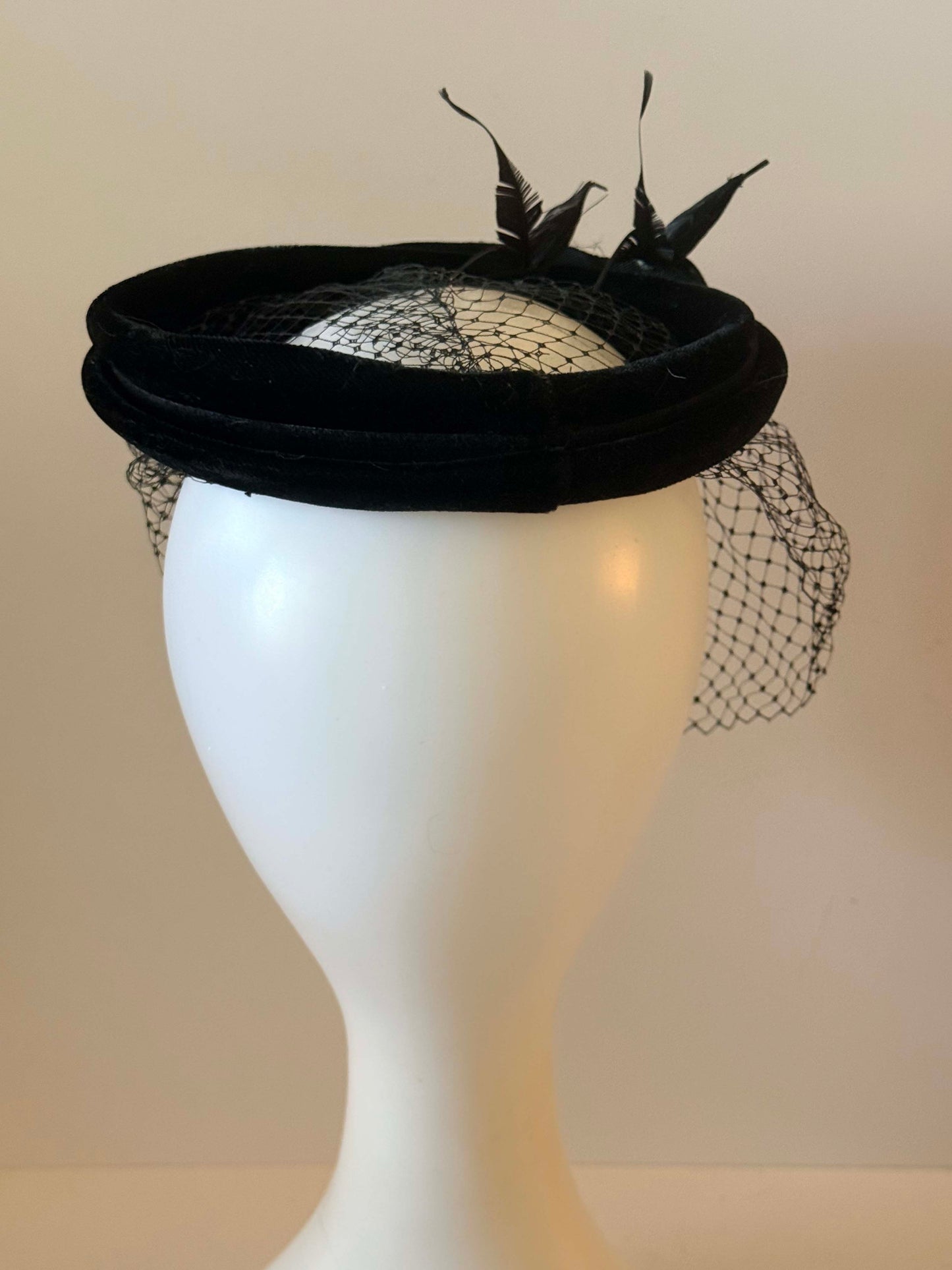 Vintage Black Velvet Halo Hat with Birdcage Veil | 1950s Cocktail Fascinator | Gothic Bridal Hat | Mid Century Millinery | Vintage Mourning Style Headpiece
