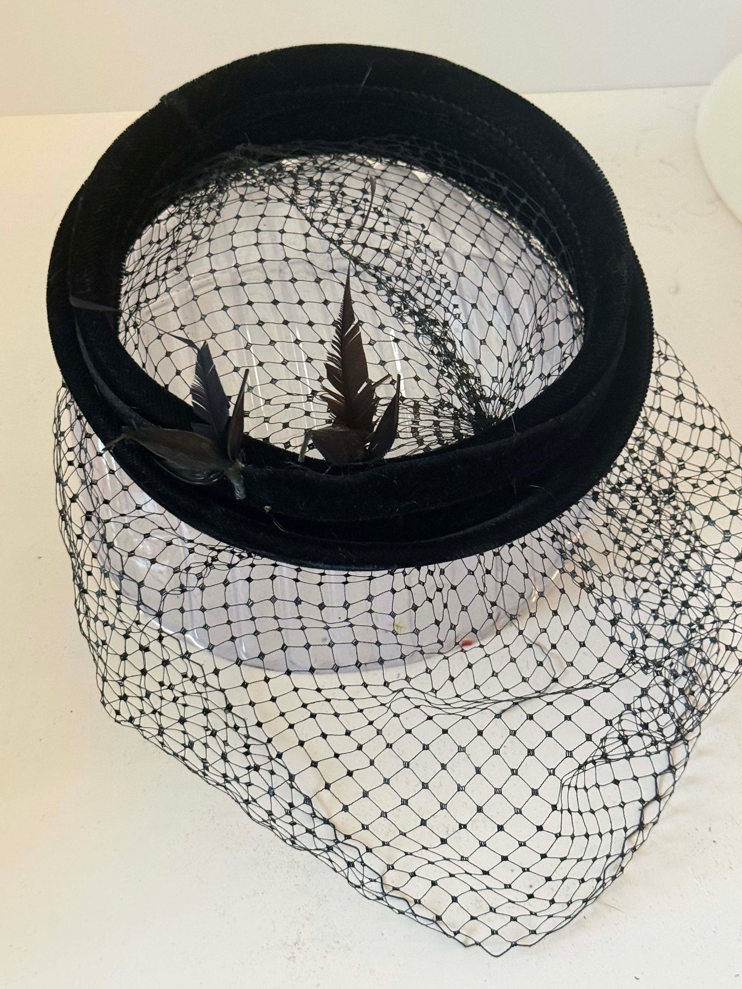 Vintage Black Velvet Halo Hat with Birdcage Veil | 1950s Cocktail Fascinator | Gothic Bridal Hat | Mid Century Millinery | Vintage Mourning Style Headpiece