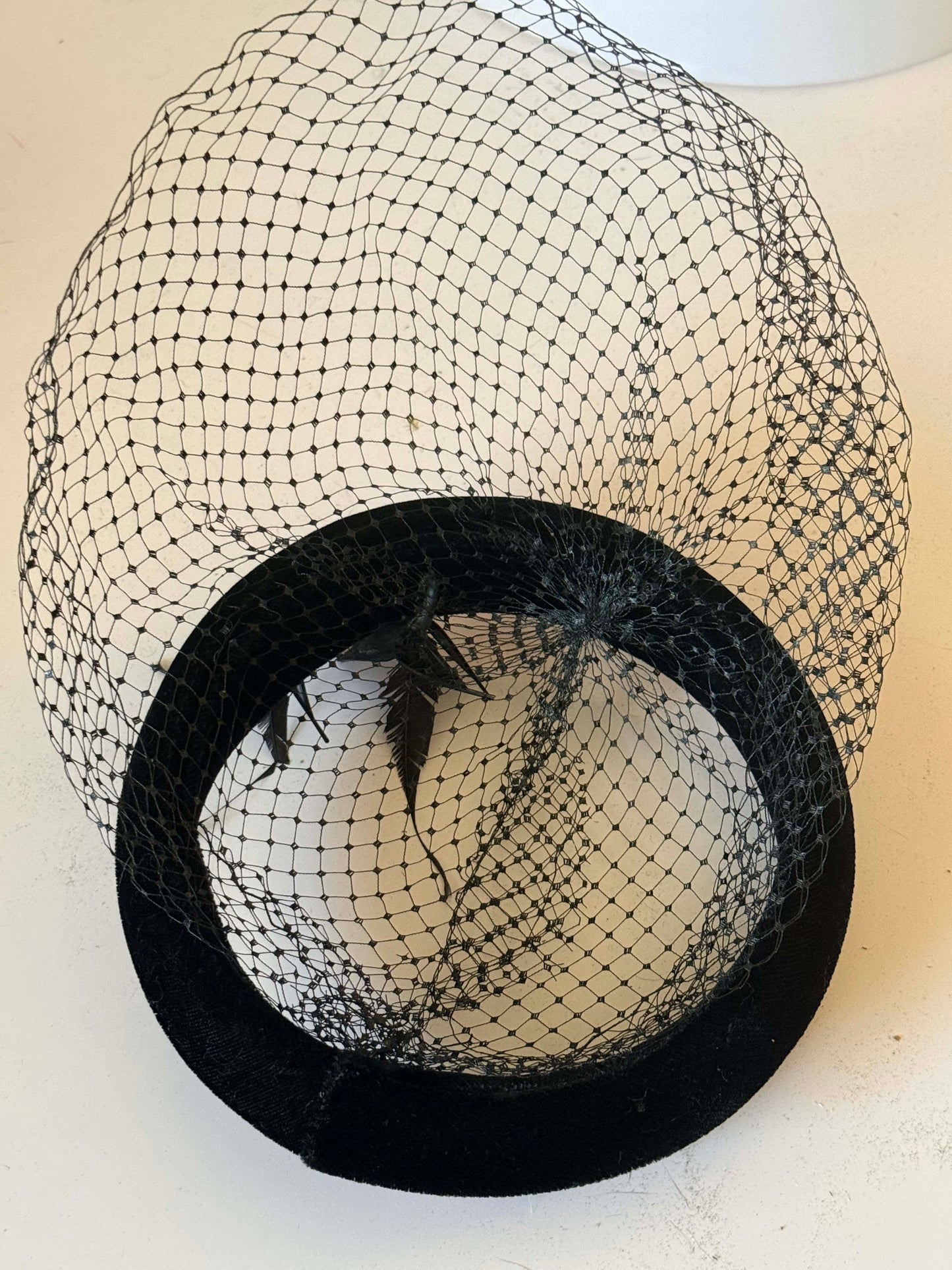 Vintage Black Velvet Halo Hat with Birdcage Veil | 1950s Cocktail Fascinator | Gothic Bridal Hat | Mid Century Millinery | Vintage Mourning Style Headpiece