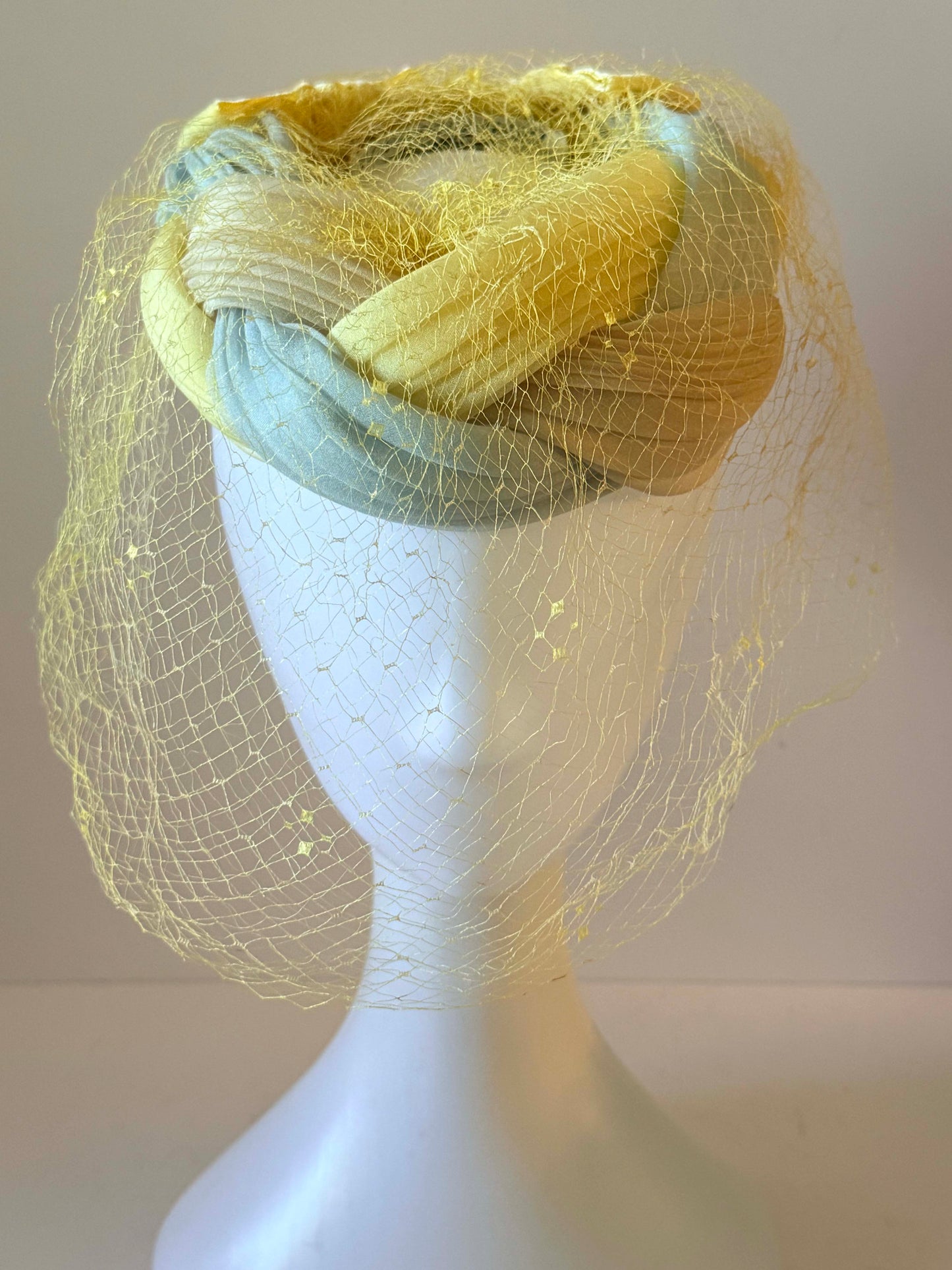 Vintage Pastel Braided Halo Hat | 1960s Veiled Cocktail Hat | Yellow Mint Cream Fascinator | Spring Easter Millinery
