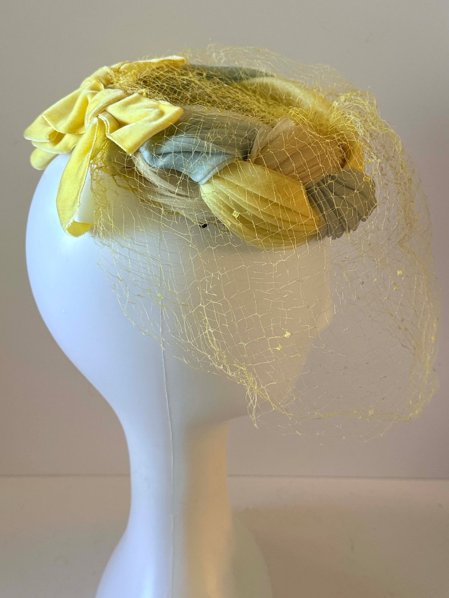 Vintage Pastel Braided Halo Hat | 1960s Veiled Cocktail Hat | Yellow Mint Cream Fascinator | Spring Easter Millinery