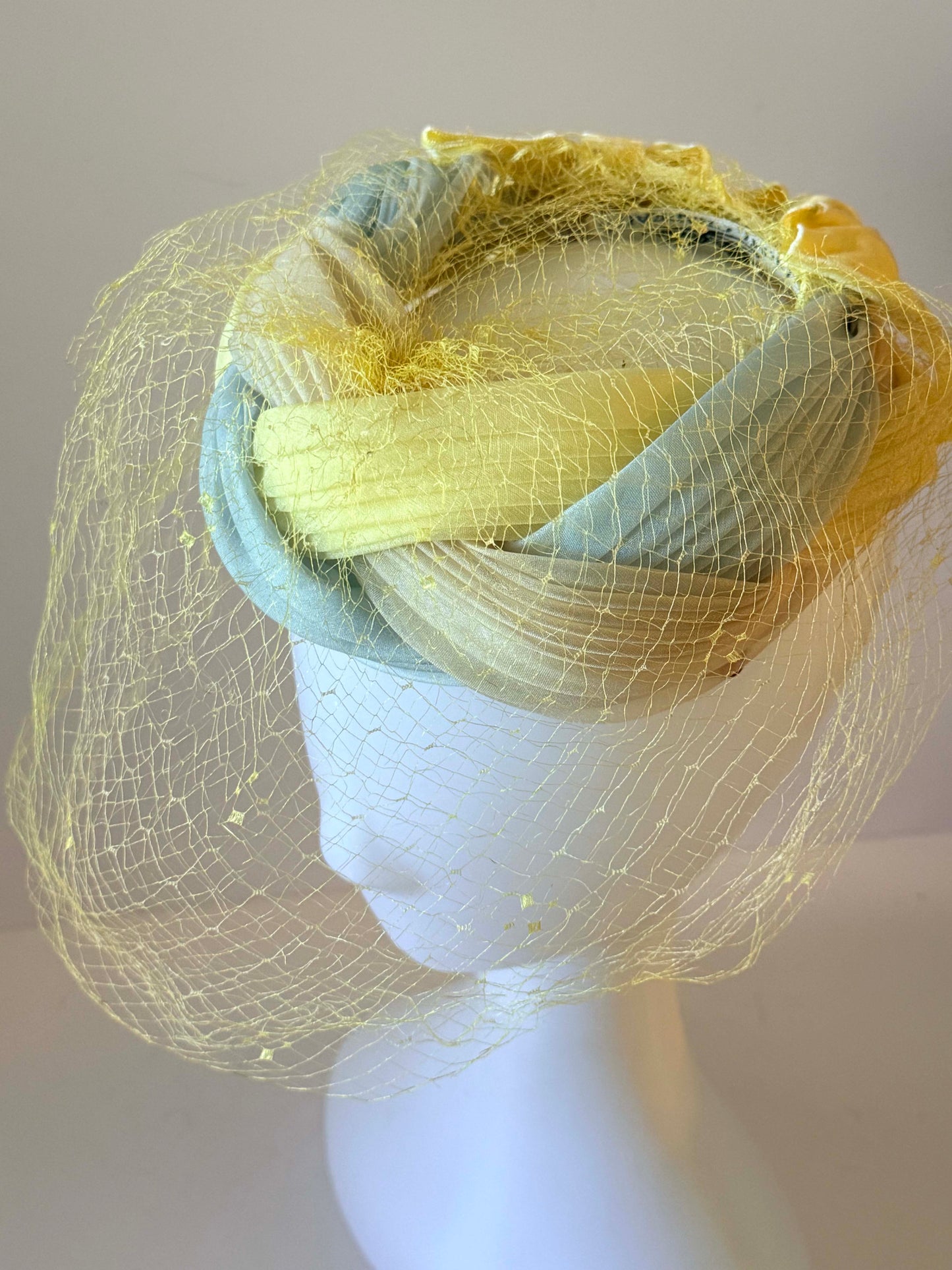 Vintage Pastel Braided Halo Hat | 1960s Veiled Cocktail Hat | Yellow Mint Cream Fascinator | Spring Easter Millinery