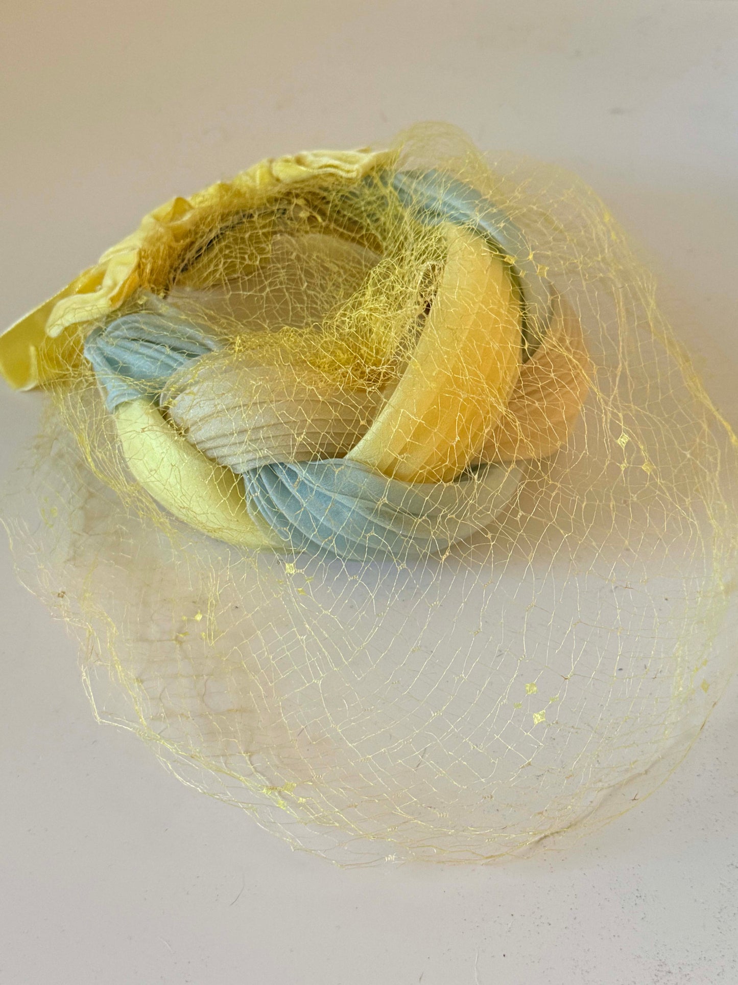 Vintage Pastel Braided Halo Hat | 1960s Veiled Cocktail Hat | Yellow Mint Cream Fascinator | Spring Easter Millinery