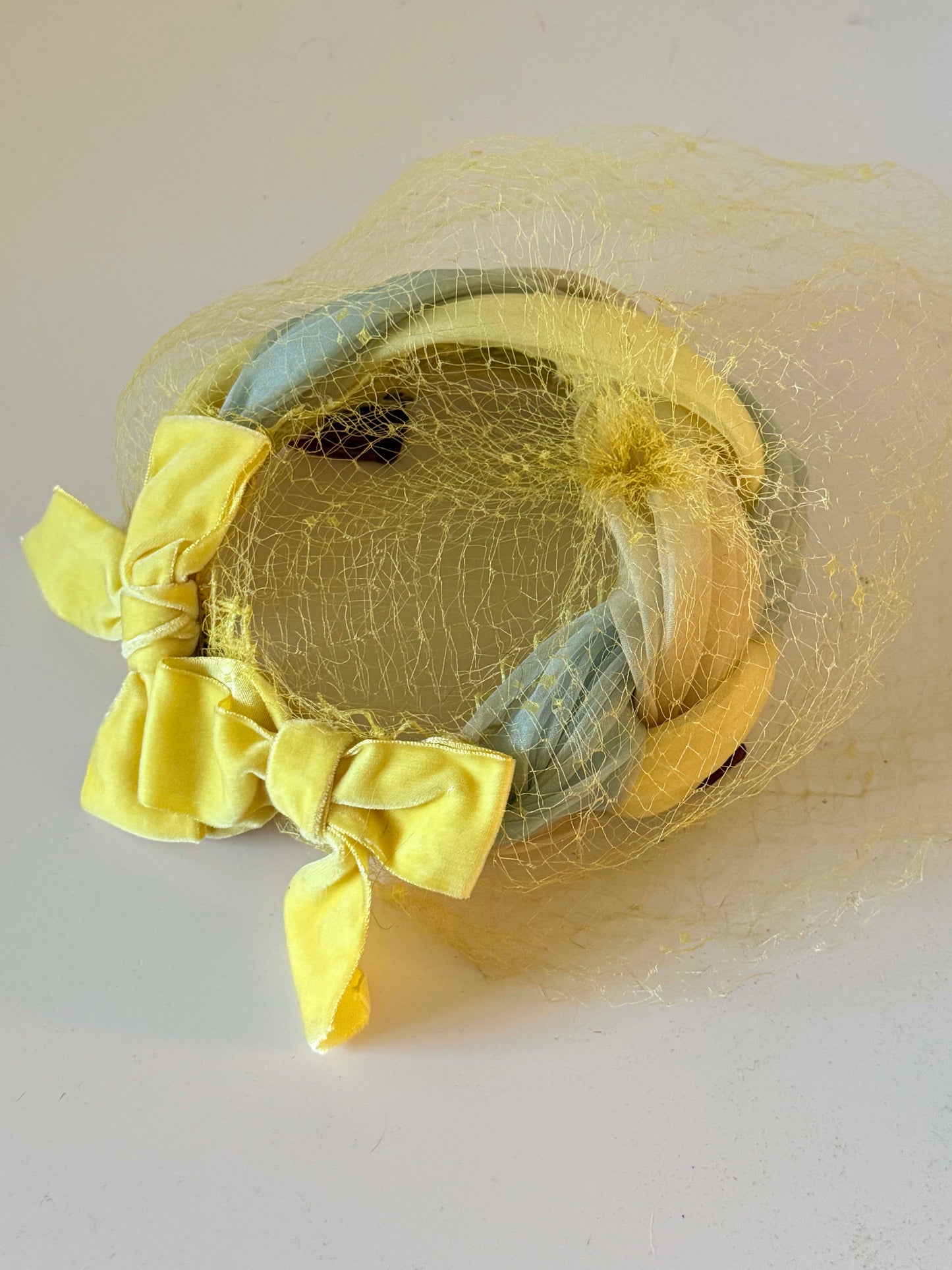 Vintage Pastel Braided Halo Hat | 1960s Veiled Cocktail Hat | Yellow Mint Cream Fascinator | Spring Easter Millinery