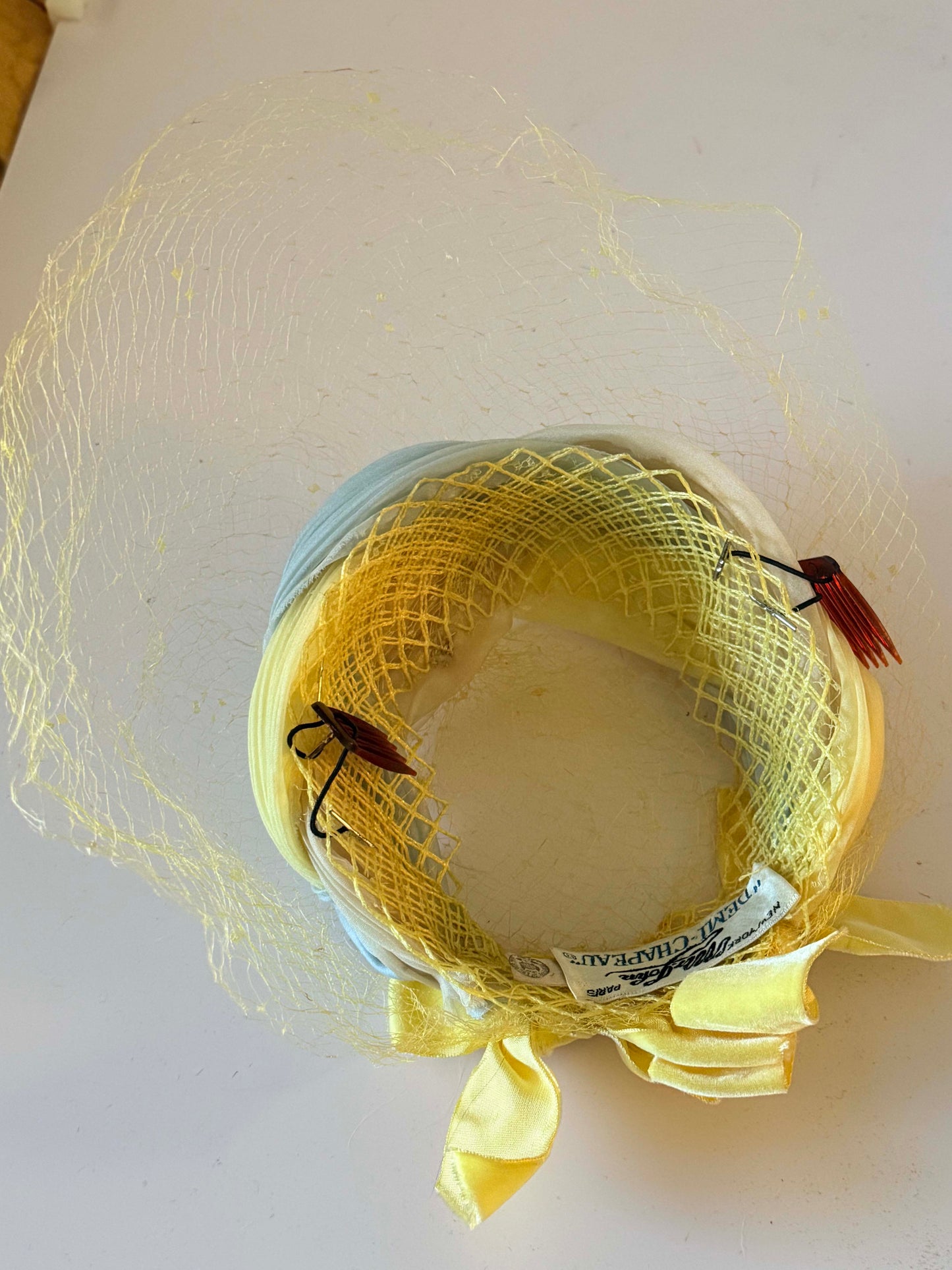 Vintage Pastel Braided Halo Hat | 1960s Veiled Cocktail Hat | Yellow Mint Cream Fascinator | Spring Easter Millinery