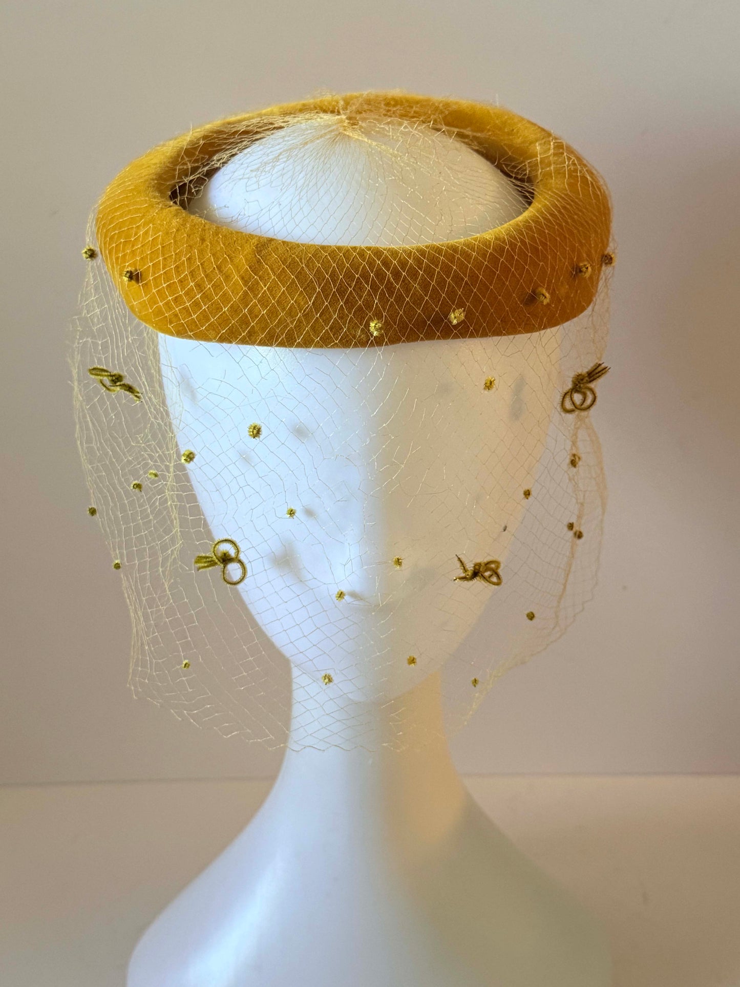 Vintage Velvet Halo Hat | Mustard Gold Veiled Fascinator | 1960s Cocktail Hat | Mod Bridal Headpiece