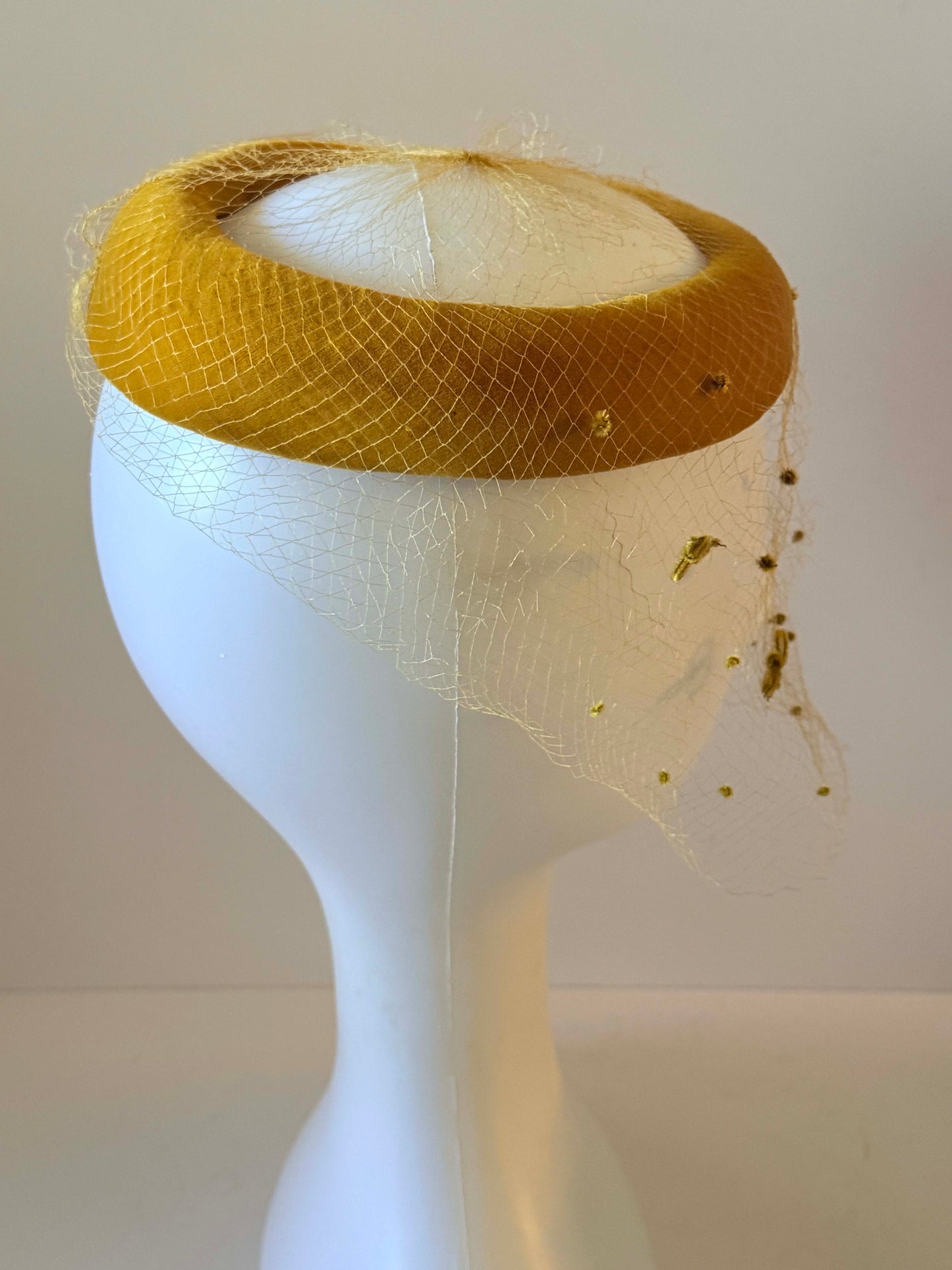 Vintage Velvet Halo Hat | Mustard Gold Veiled Fascinator | 1960s Cocktail Hat | Mod Bridal Headpiece
