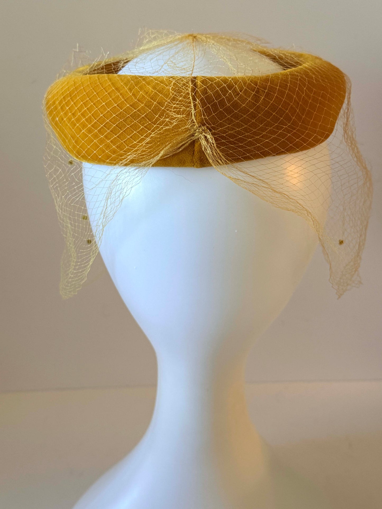 Vintage Velvet Halo Hat | Mustard Gold Veiled Fascinator | 1960s Cocktail Hat | Mod Bridal Headpiece