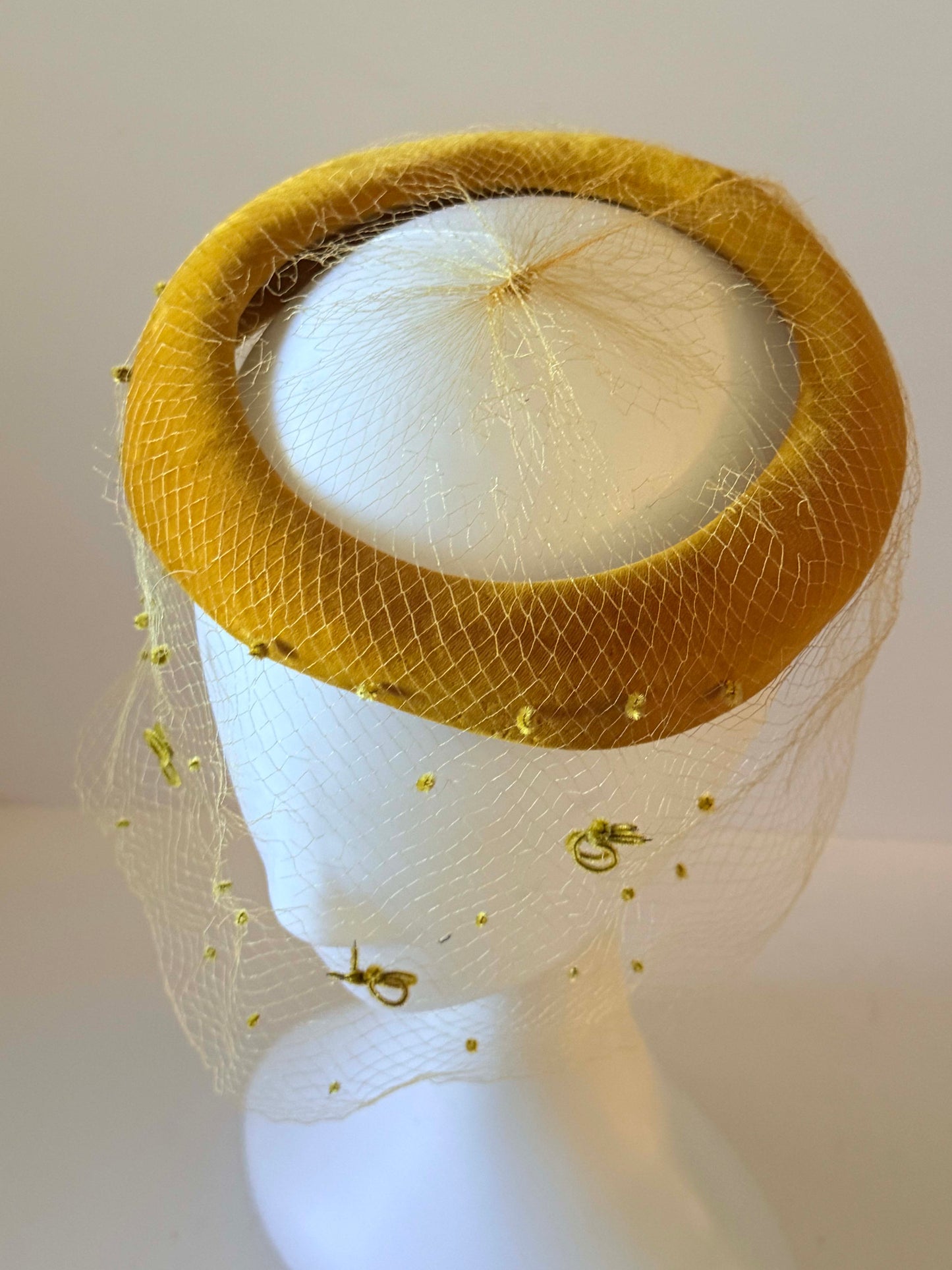 Vintage Velvet Halo Hat | Mustard Gold Veiled Fascinator | 1960s Cocktail Hat | Mod Bridal Headpiece