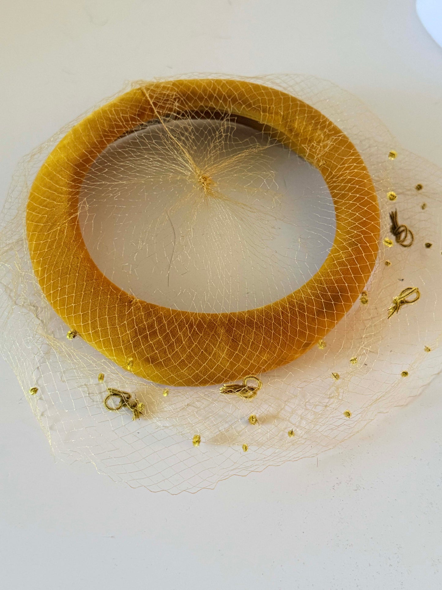 Vintage Velvet Halo Hat | Mustard Gold Veiled Fascinator | 1960s Cocktail Hat | Mod Bridal Headpiece