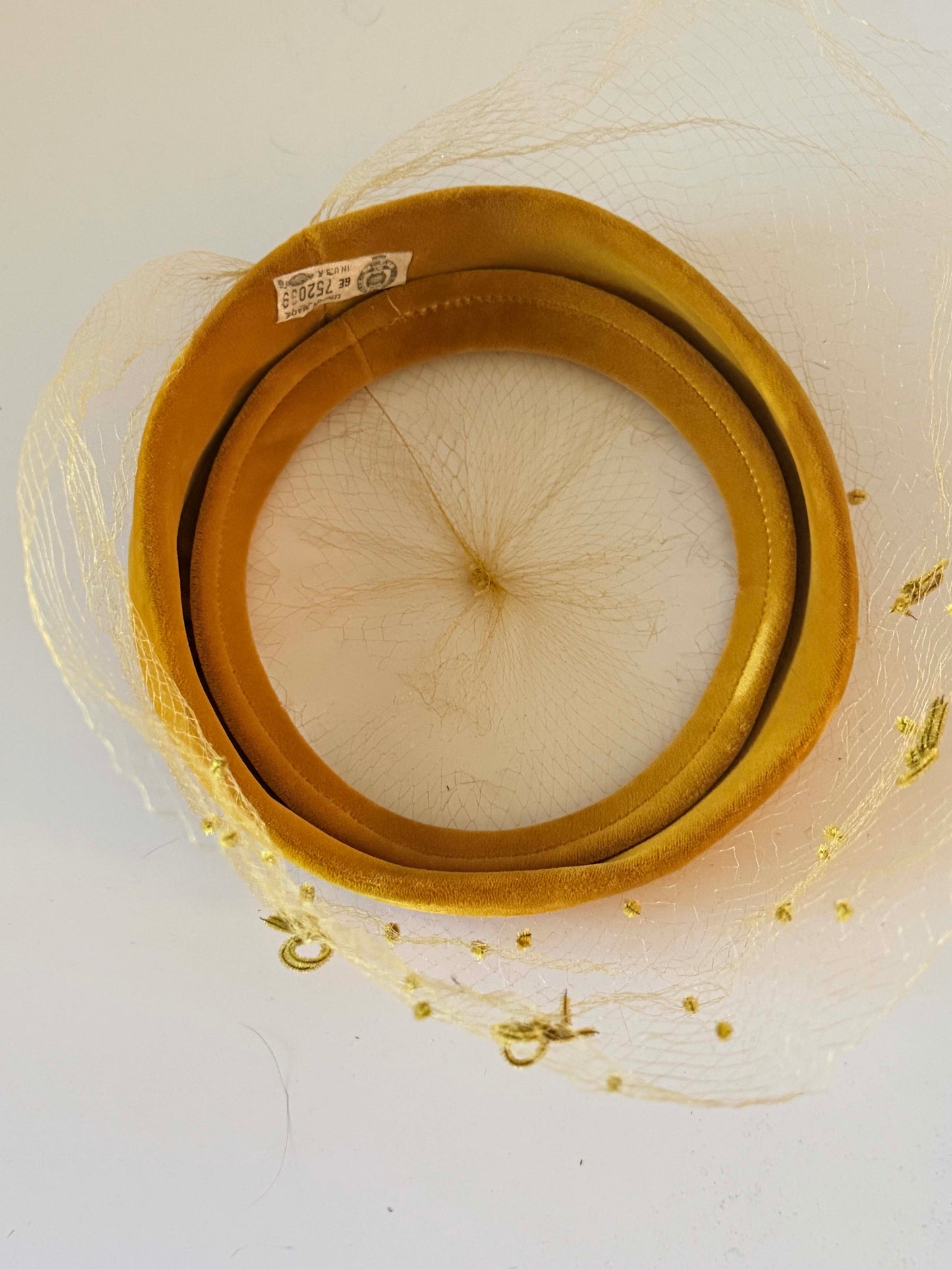 Vintage Velvet Halo Hat | Mustard Gold Veiled Fascinator | 1960s Cocktail Hat | Mod Bridal Headpiece