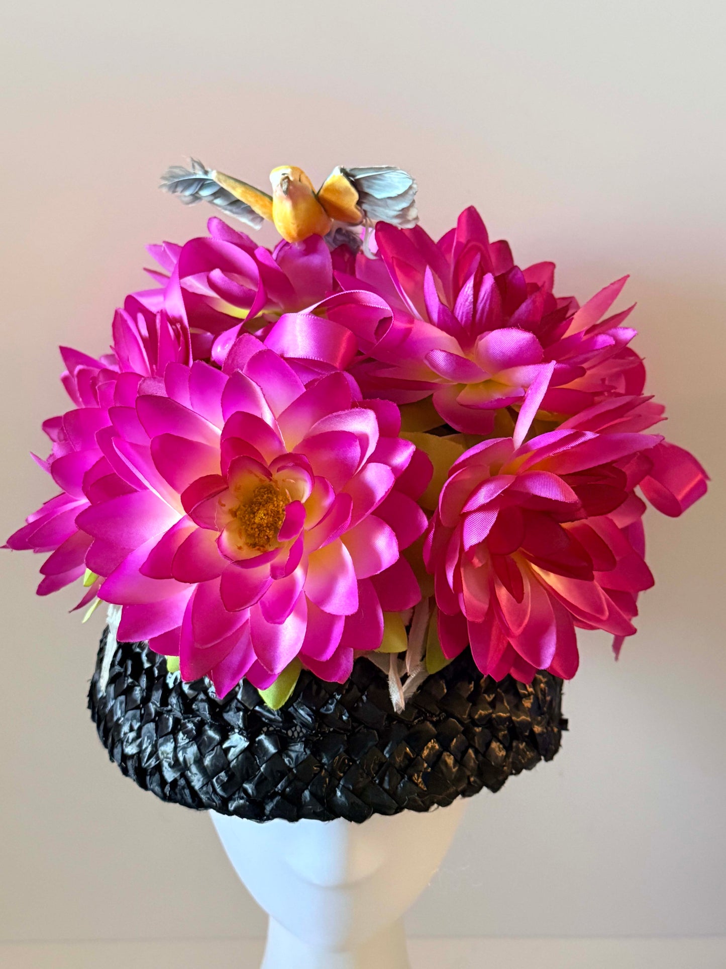 Vintage Floral Garden Party Hat | Hot Pink Flower Hat with Bird Accent | Statement Cocktail Hat | Novelty Spring Millinery