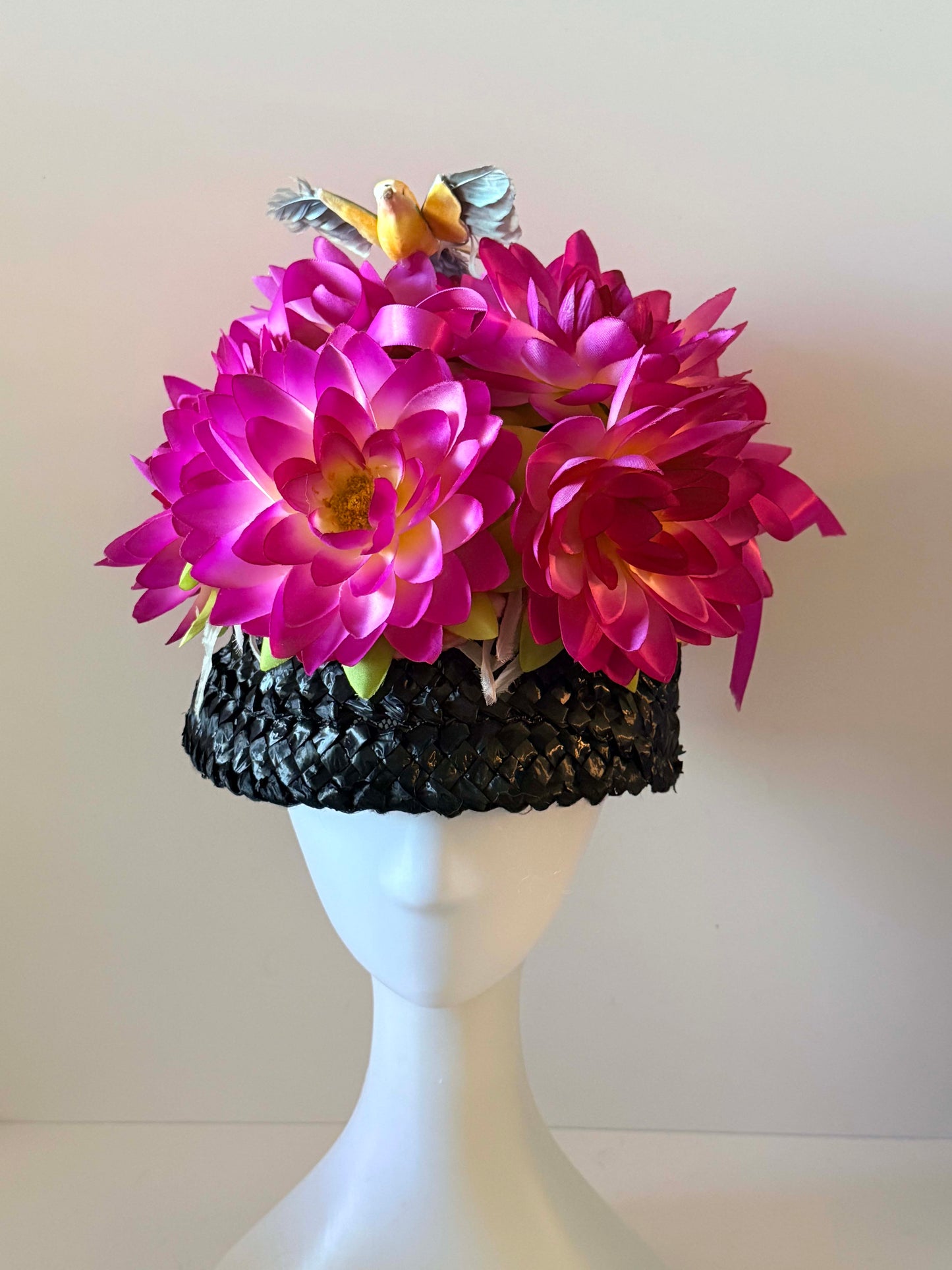 Vintage Floral Garden Party Hat | Hot Pink Flower Hat with Bird Accent | Statement Cocktail Hat | Novelty Spring Millinery
