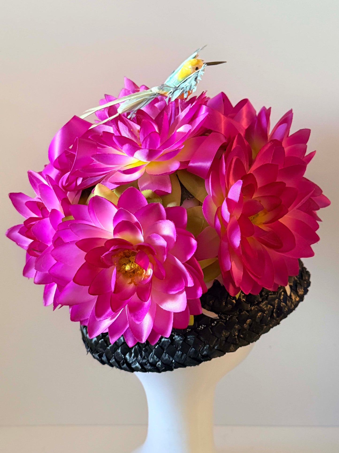 Vintage Floral Garden Party Hat | Hot Pink Flower Hat with Bird Accent | Statement Cocktail Hat | Novelty Spring Millinery