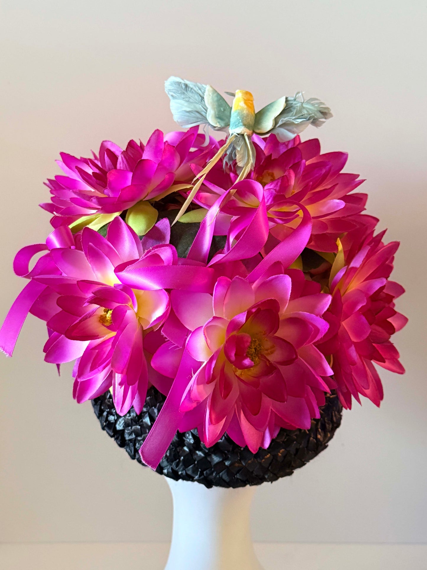 Vintage Floral Garden Party Hat | Hot Pink Flower Hat with Bird Accent | Statement Cocktail Hat | Novelty Spring Millinery