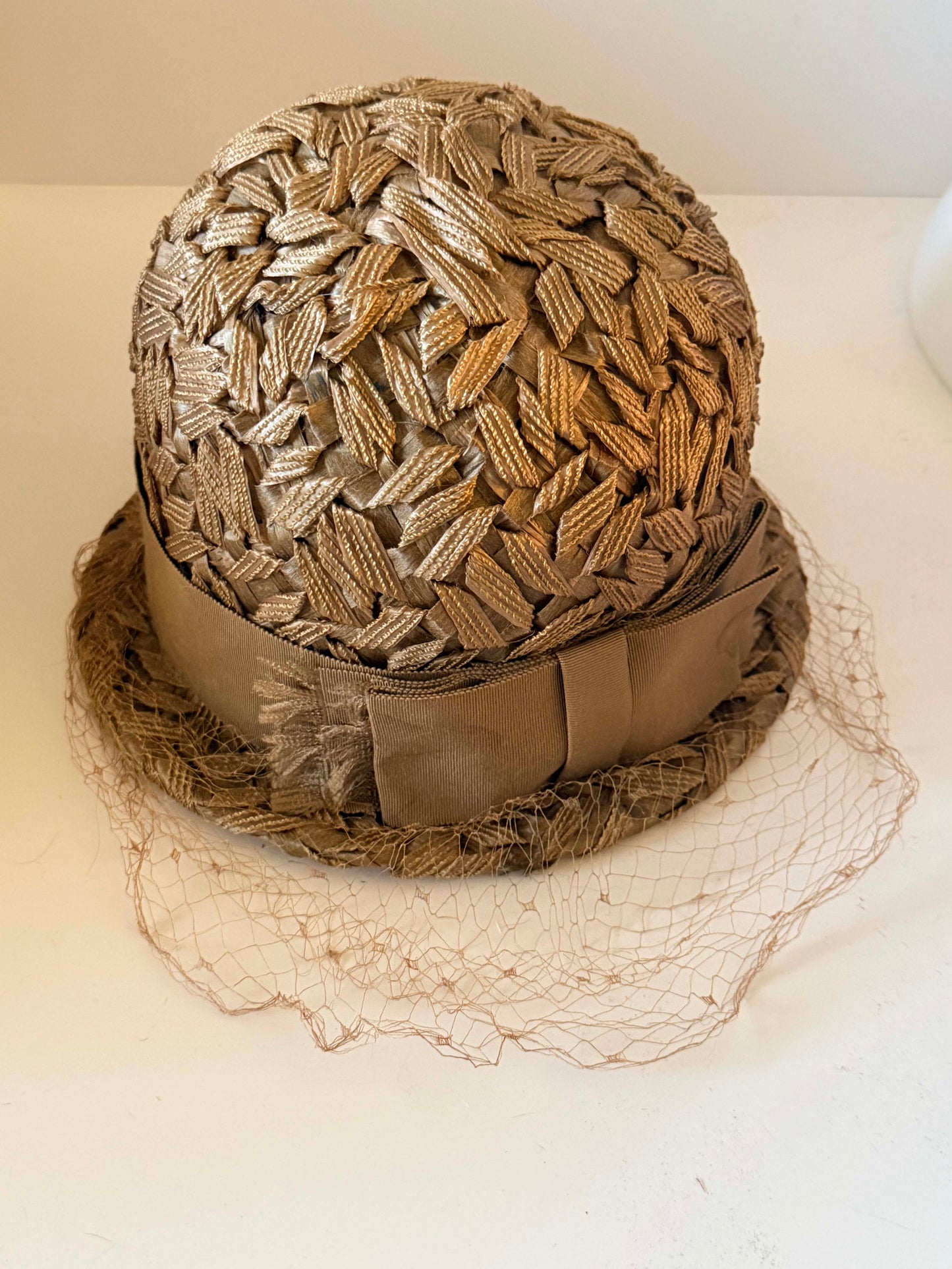 Vintage 1960s Woven Straw Cloche Hat | Taupe Ribbon Bow Hat | Veiled Cocktail Hat | Neutral Mid Century Millinery