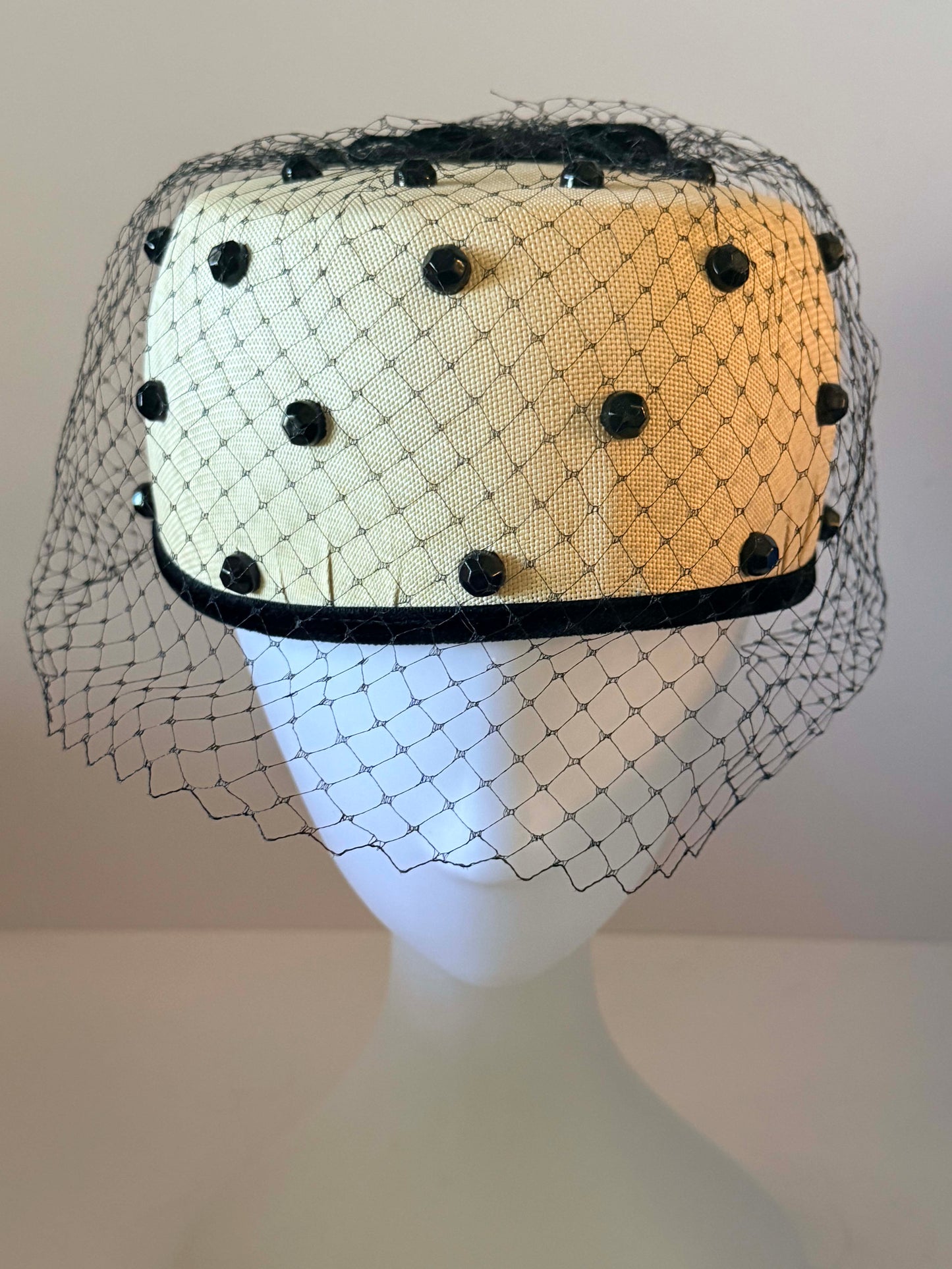Vintage Ivory Pillbox Hat with Black Veil | 1960s Cocktail Hat | Rhinestone Studded Fascinator | Mod Bridal Hat | Veil Ready Vintage Millinery