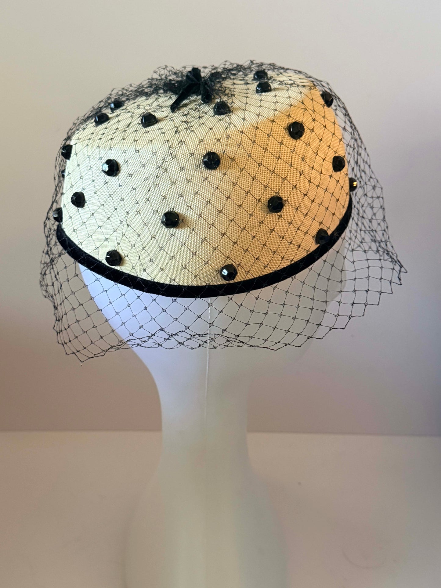 Vintage Ivory Pillbox Hat with Black Veil | 1960s Cocktail Hat | Rhinestone Studded Fascinator | Mod Bridal Hat | Veil Ready Vintage Millinery