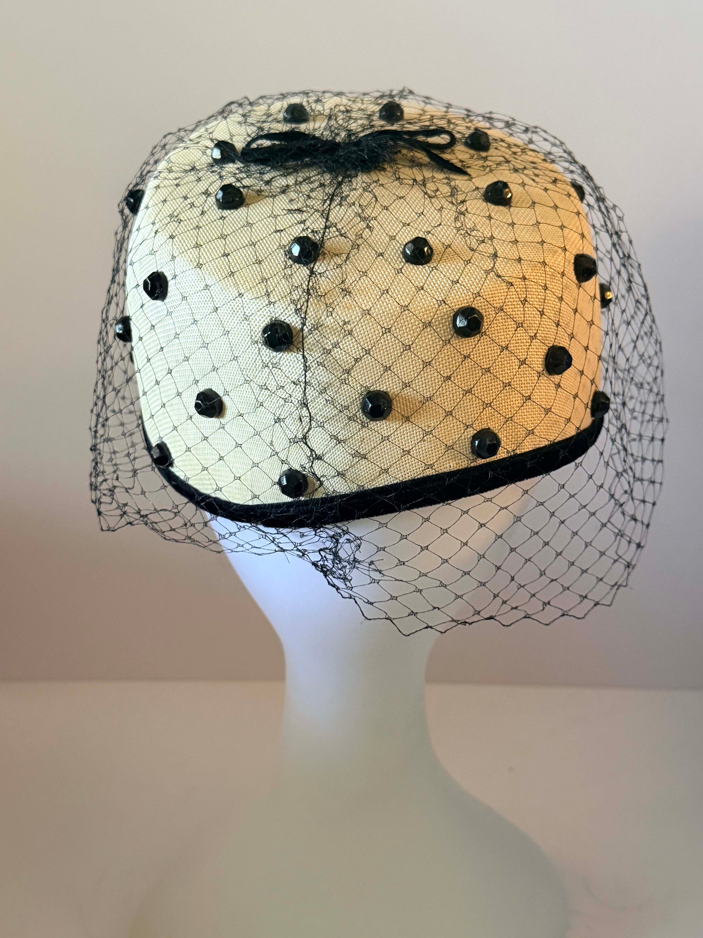 Vintage Ivory Pillbox Hat with Black Veil | 1960s Cocktail Hat | Rhinestone Studded Fascinator | Mod Bridal Hat | Veil Ready Vintage Millinery