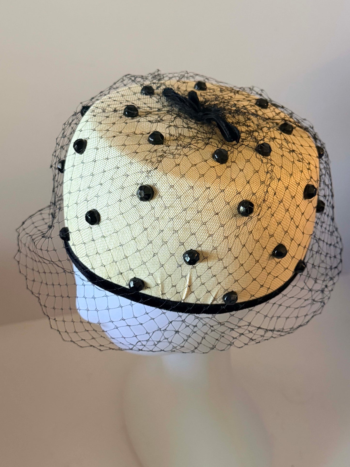 Vintage Ivory Pillbox Hat with Black Veil | 1960s Cocktail Hat | Rhinestone Studded Fascinator | Mod Bridal Hat | Veil Ready Vintage Millinery