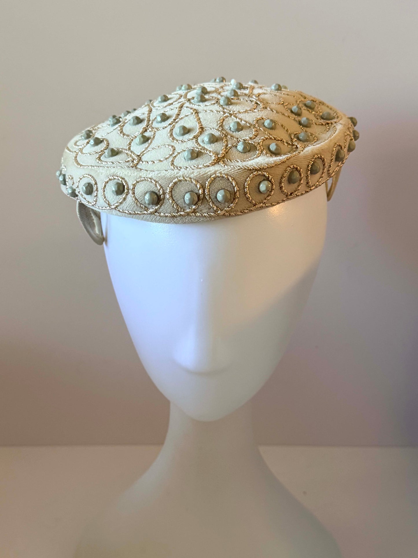 Vintage Embellished Ivory Pillbox Hat | Beaded Cocktail Hat | 1960s Formal Occasion Hat | Mid Century Millinery
