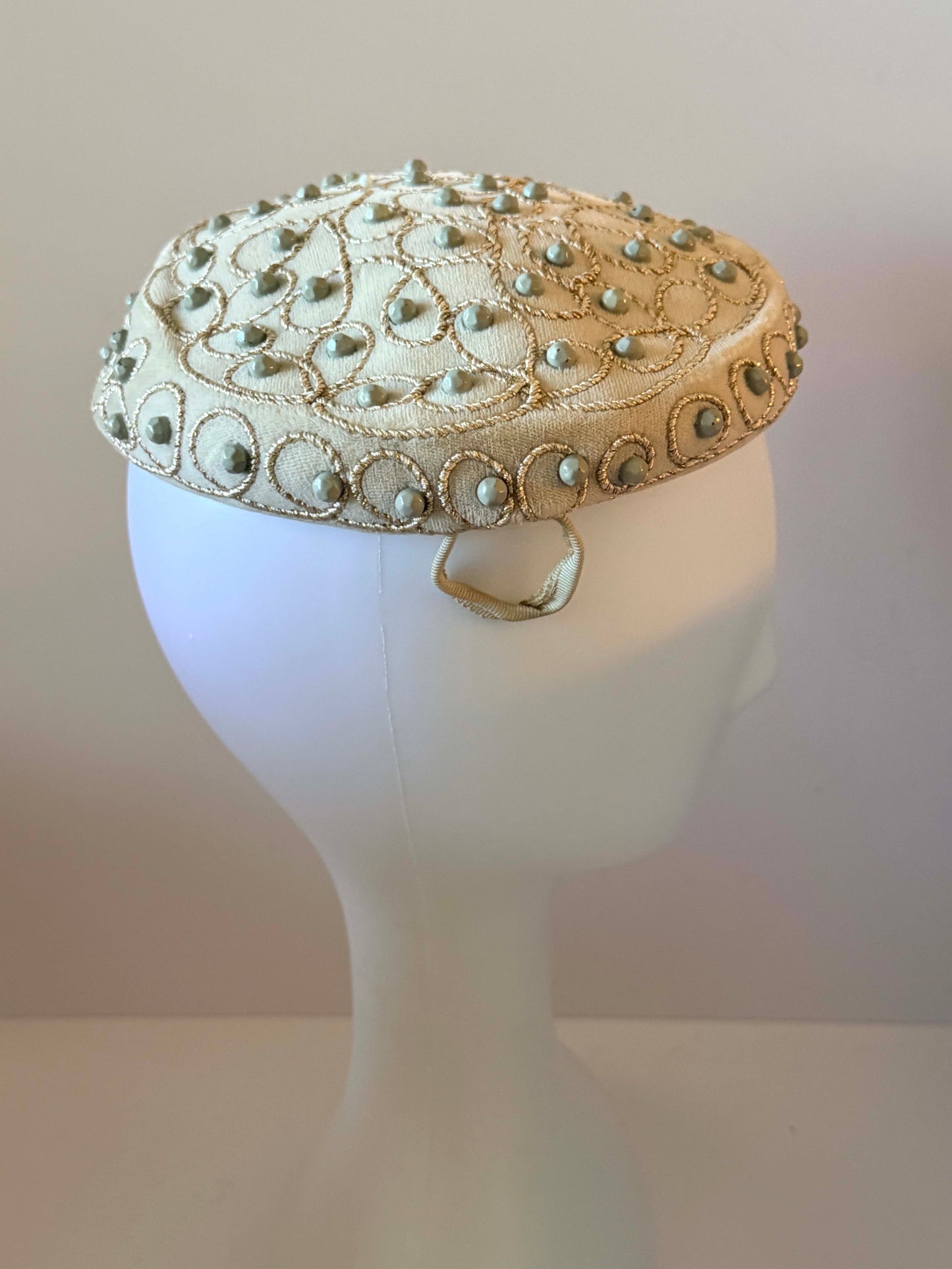 Vintage Embellished Ivory Pillbox Hat | Beaded Cocktail Hat | 1960s Formal Occasion Hat | Mid Century Millinery