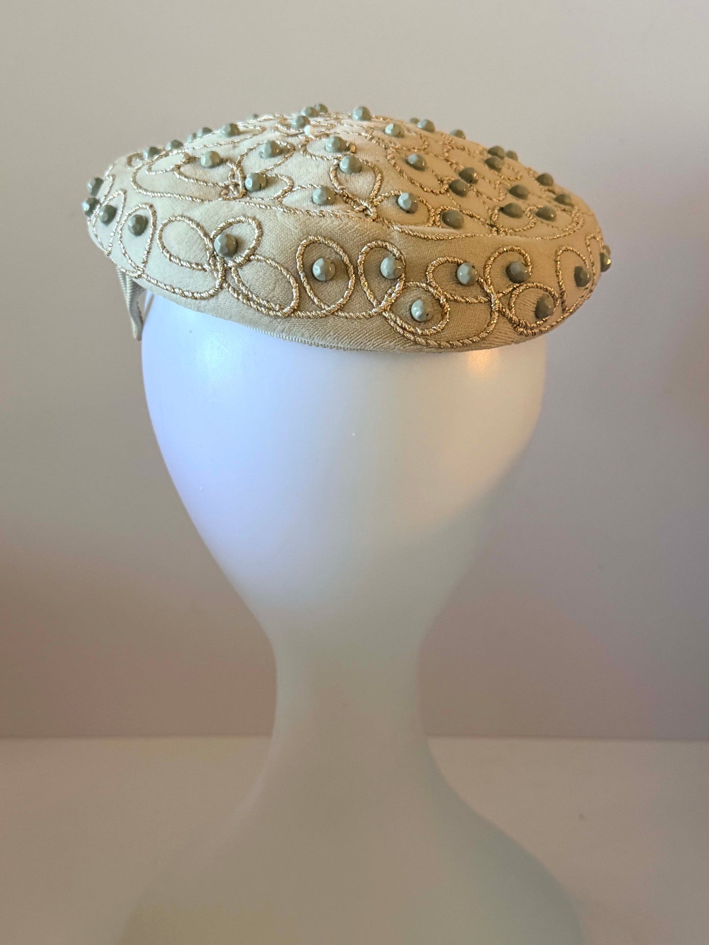 Vintage Embellished Ivory Pillbox Hat | Beaded Cocktail Hat | 1960s Formal Occasion Hat | Mid Century Millinery