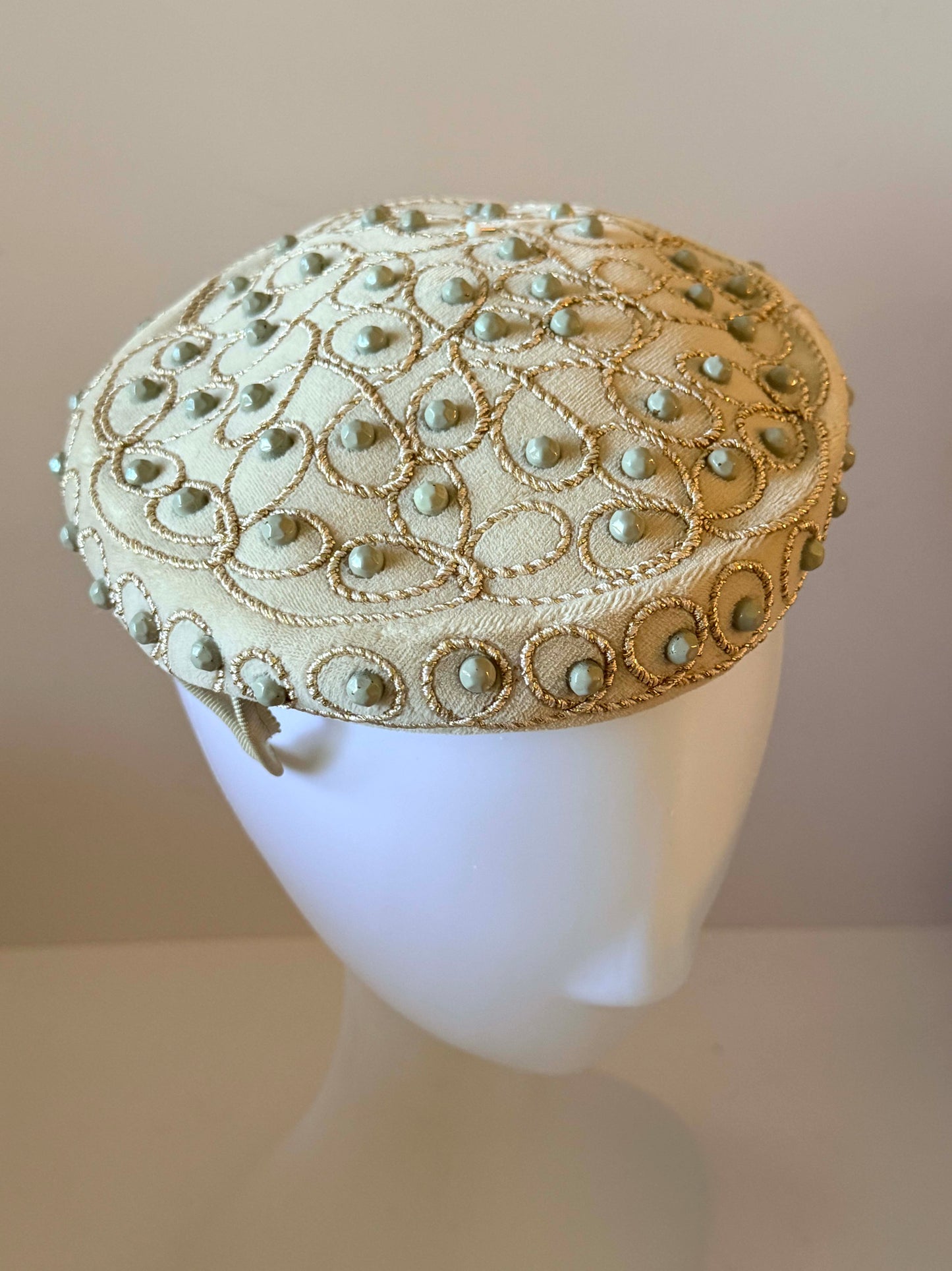 Vintage Embellished Ivory Pillbox Hat | Beaded Cocktail Hat | 1960s Formal Occasion Hat | Mid Century Millinery