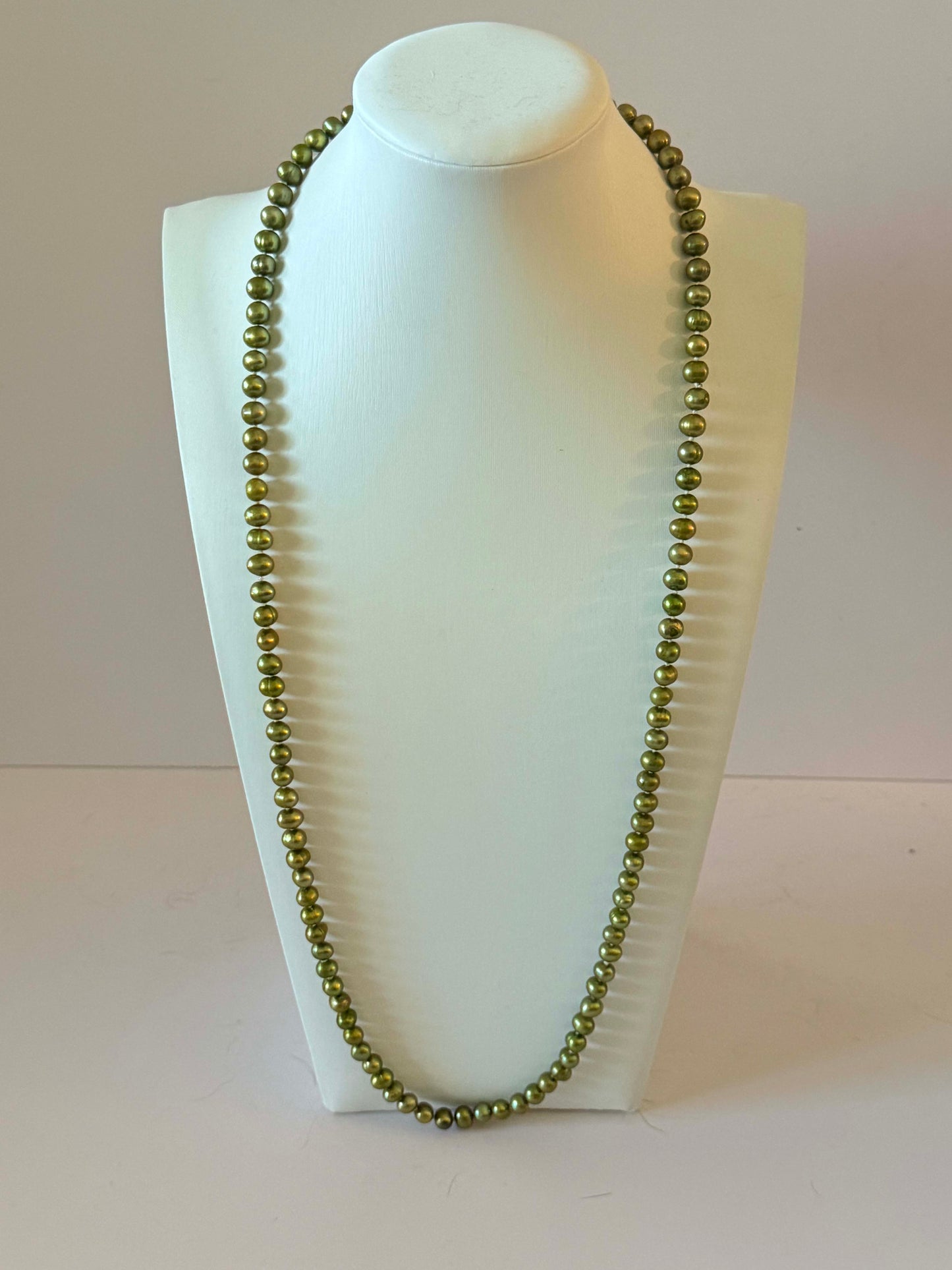 Vintage Green Freshwater Pearl Necklace | Long Olive Pearl Strand | Cultured Freshwater Pearls | Opera Length Necklace | Layering Pearl Jewelry