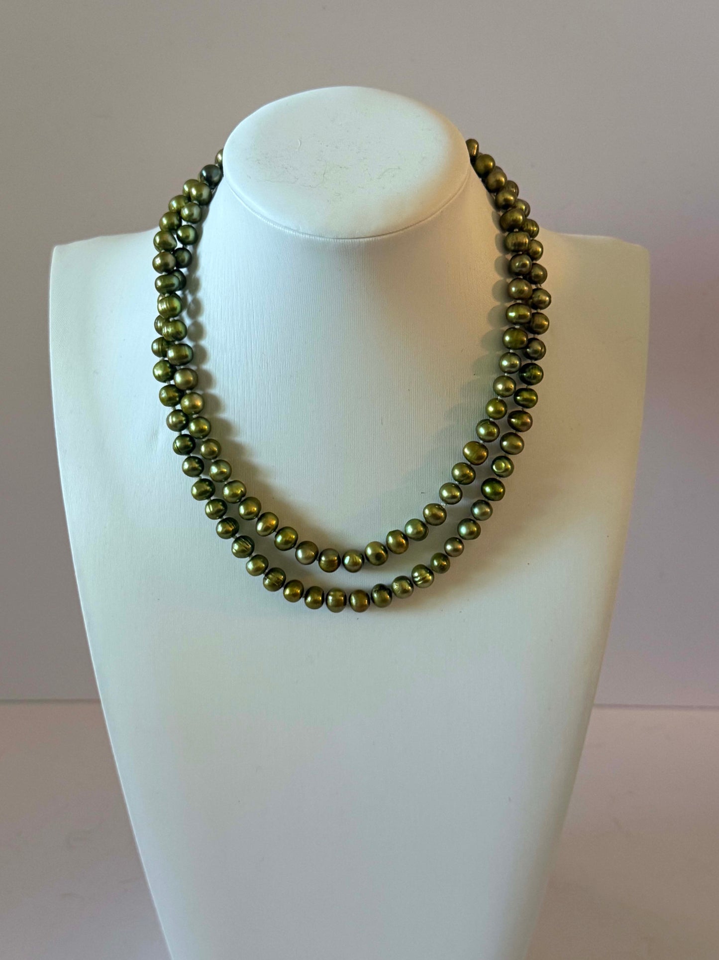 Vintage Green Freshwater Pearl Necklace | Long Olive Pearl Strand | Cultured Freshwater Pearls | Opera Length Necklace | Layering Pearl Jewelry