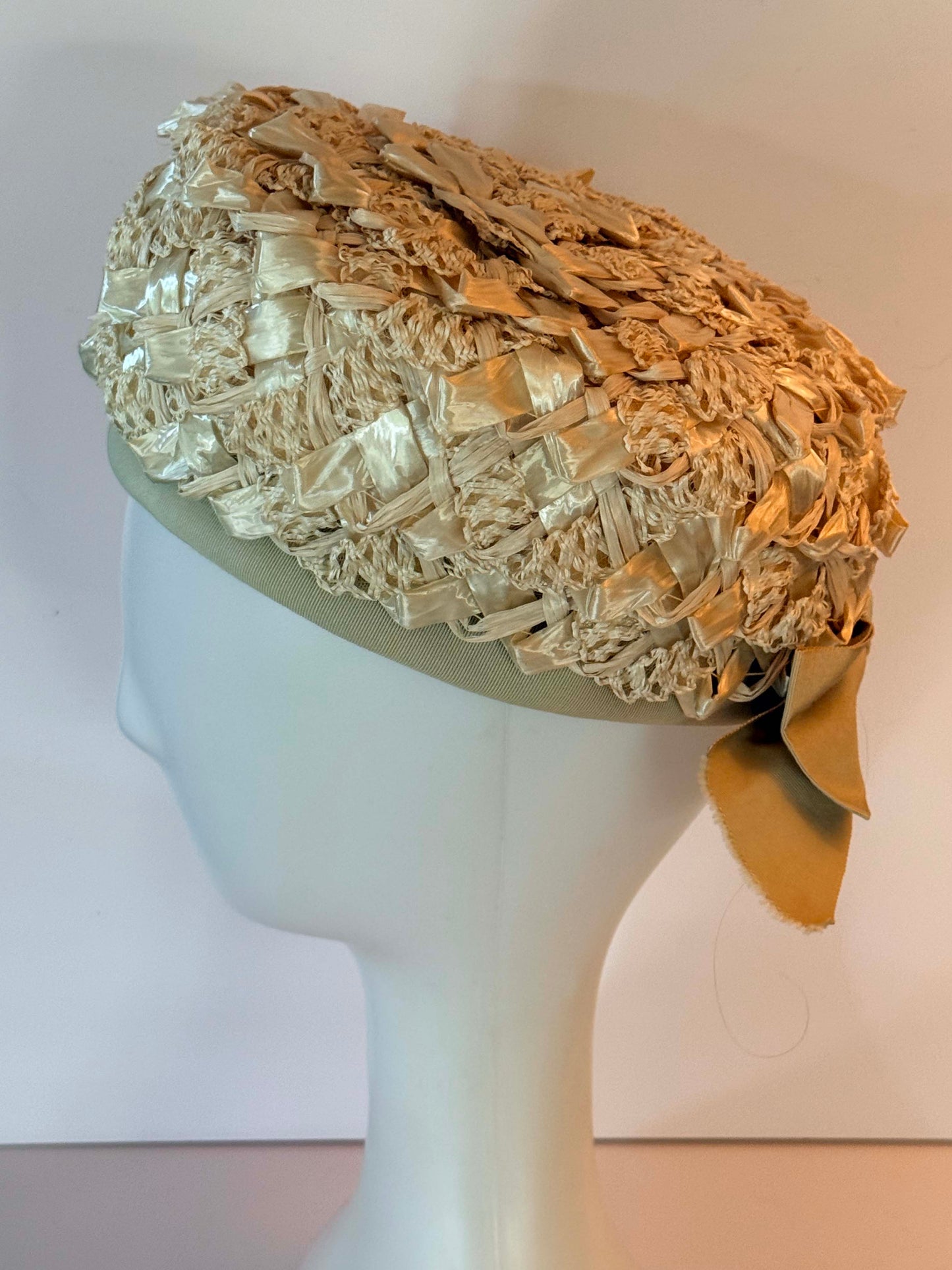 Vintage Leon 1960s Raffia Pillbox Hat | Ivory Textured Cocktail Hat | Bridal Fascinator | Mid Century Millinery