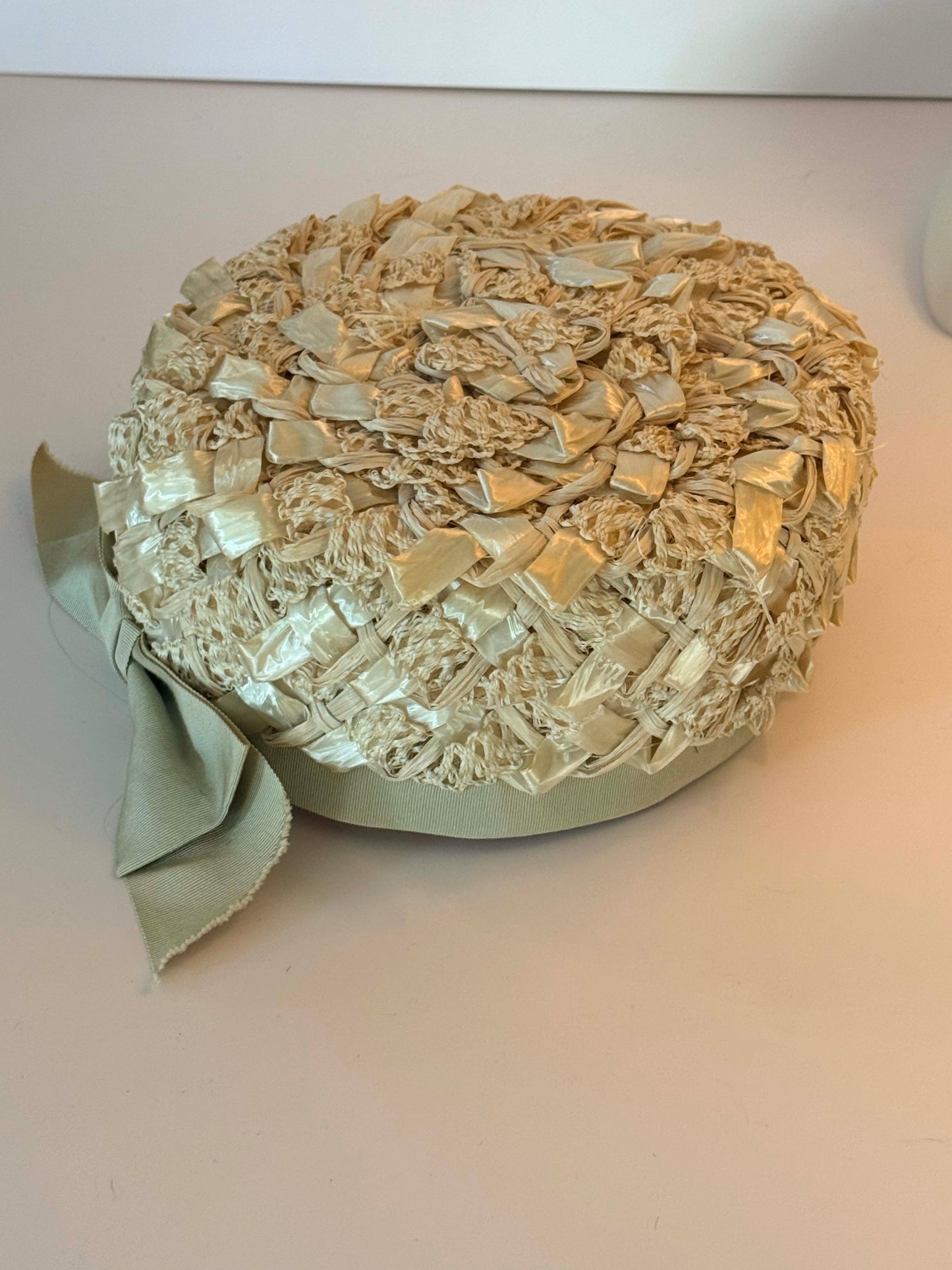 Vintage Leon 1960s Raffia Pillbox Hat | Ivory Textured Cocktail Hat | Bridal Fascinator | Mid Century Millinery