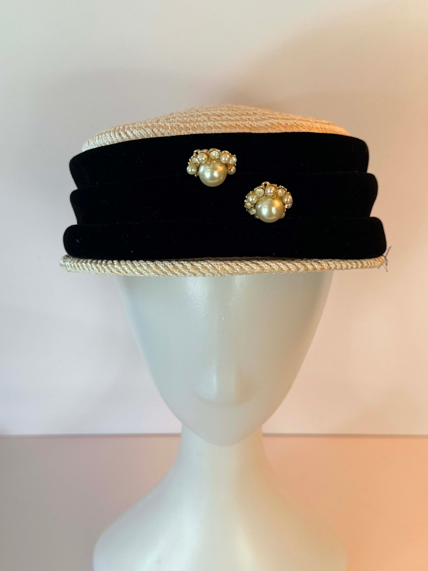 Vintage Jan Leslie Custom Design Straw Pillbox Hat with Pearl Rhinestone Accents | Veil Ready Bridal Cocktail Hat | Designer Vintage Millinery