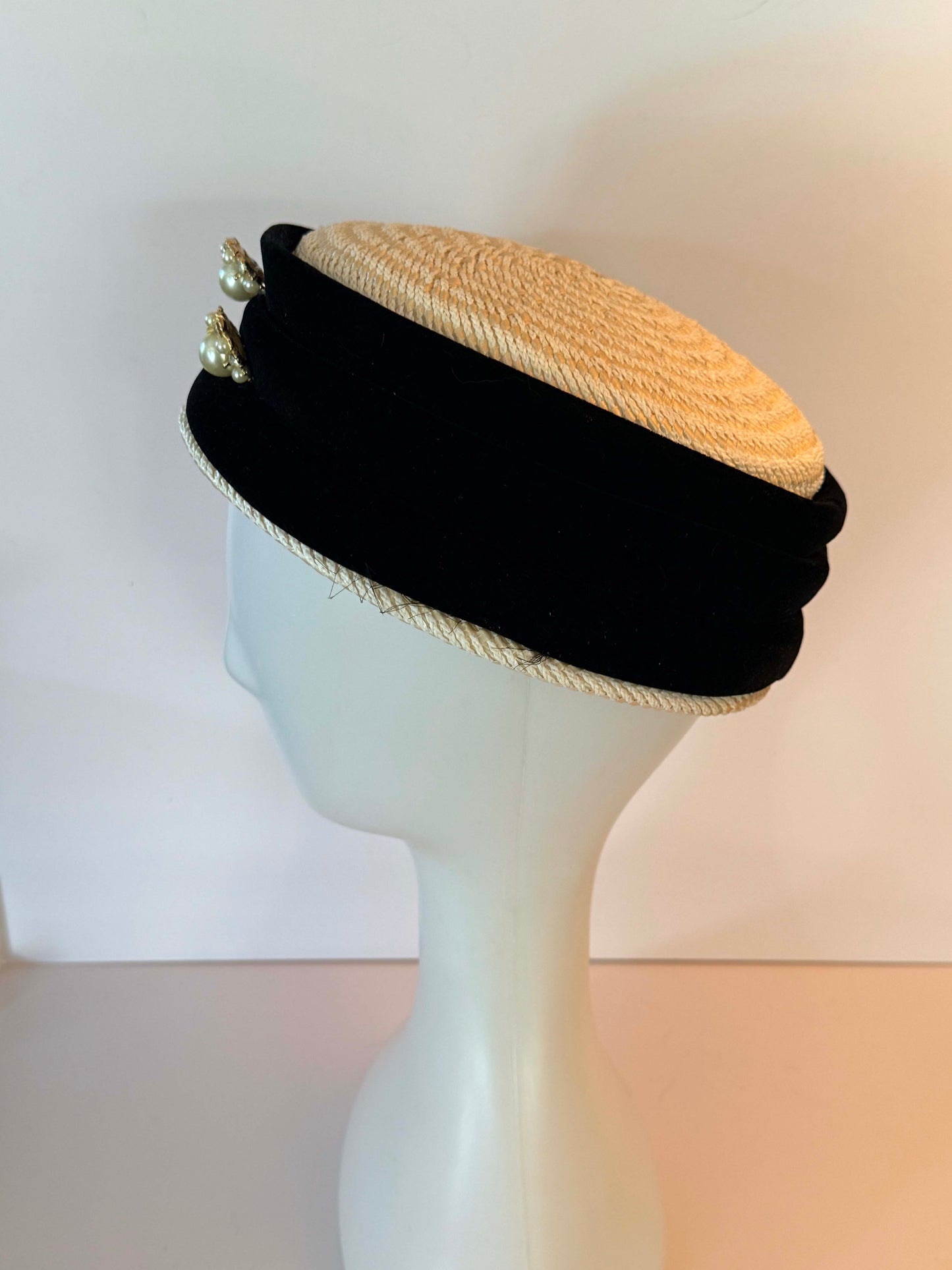 Vintage Jan Leslie Custom Design Straw Pillbox Hat with Pearl Rhinestone Accents | Veil Ready Bridal Cocktail Hat | Designer Vintage Millinery