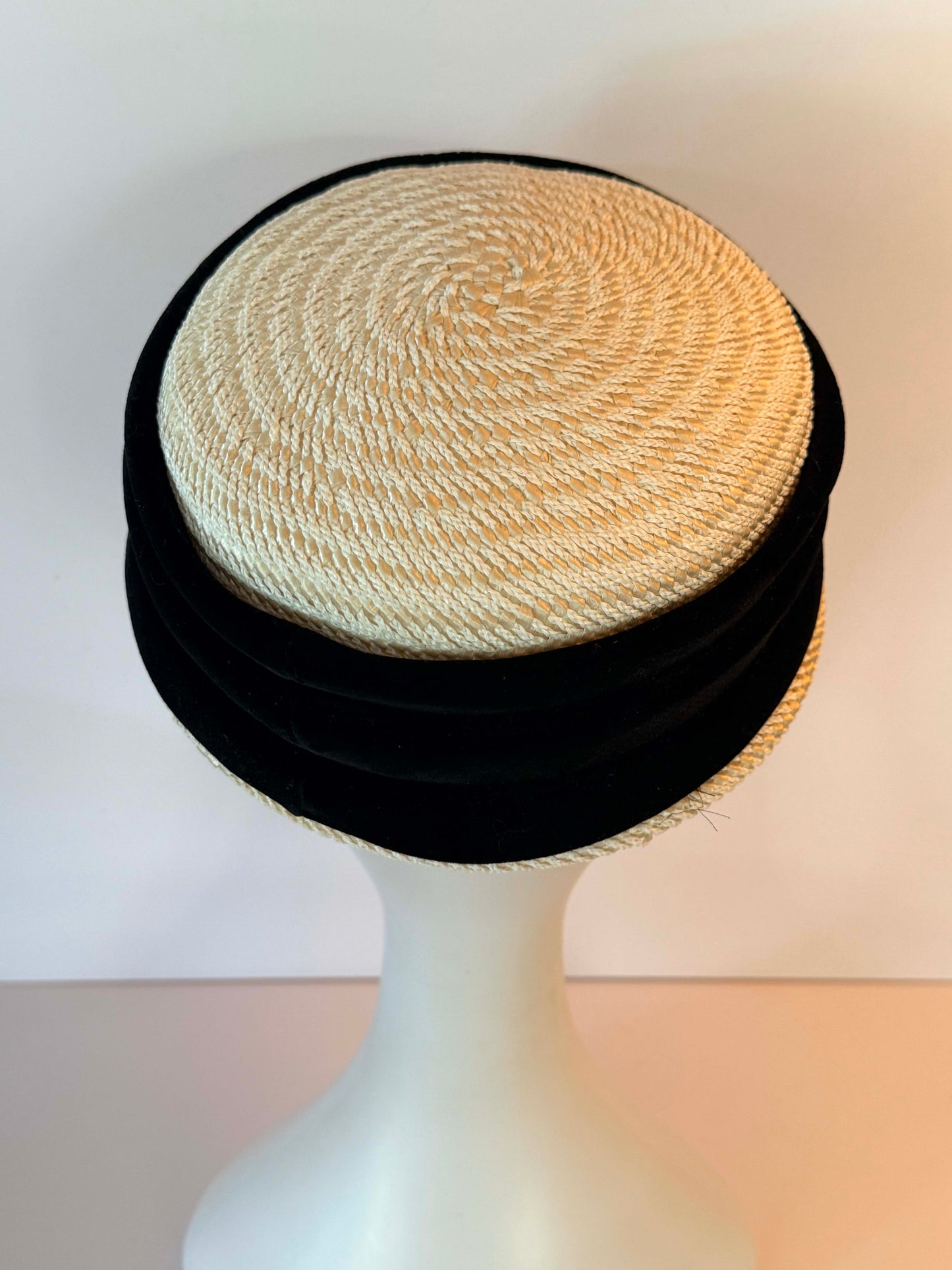 Vintage Jan Leslie Custom Design Straw Pillbox Hat with Pearl Rhinestone Accents | Veil Ready Bridal Cocktail Hat | Designer Vintage Millinery