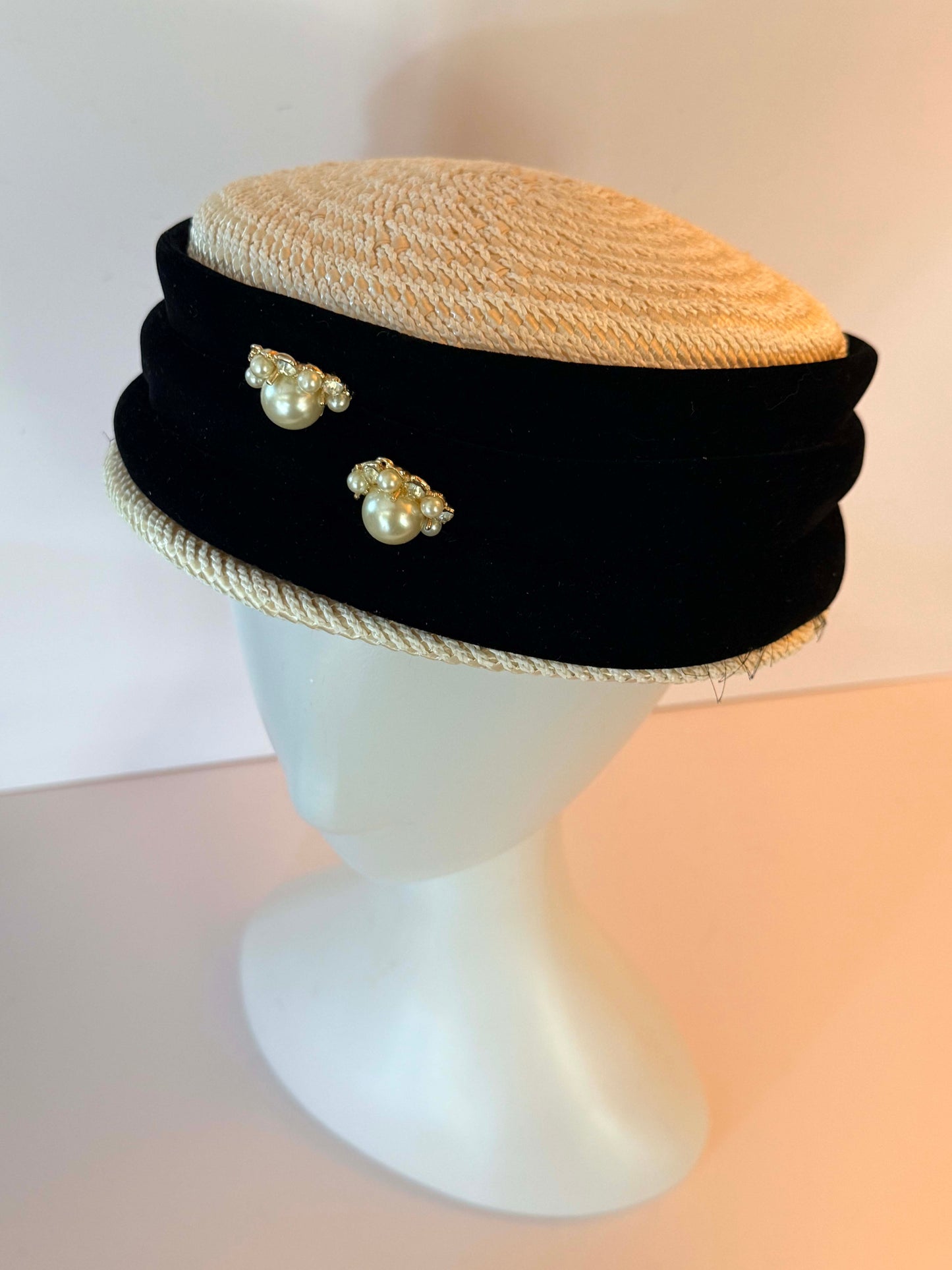Vintage Jan Leslie Custom Design Straw Pillbox Hat with Pearl Rhinestone Accents | Veil Ready Bridal Cocktail Hat | Designer Vintage Millinery