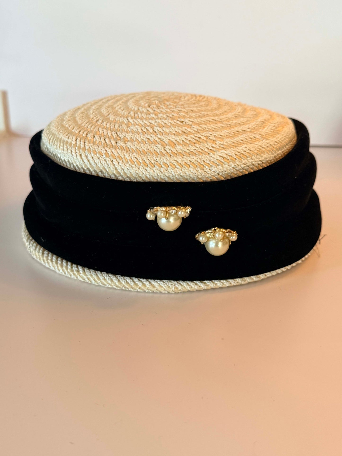 Vintage Jan Leslie Custom Design Straw Pillbox Hat with Pearl Rhinestone Accents | Veil Ready Bridal Cocktail Hat | Designer Vintage Millinery