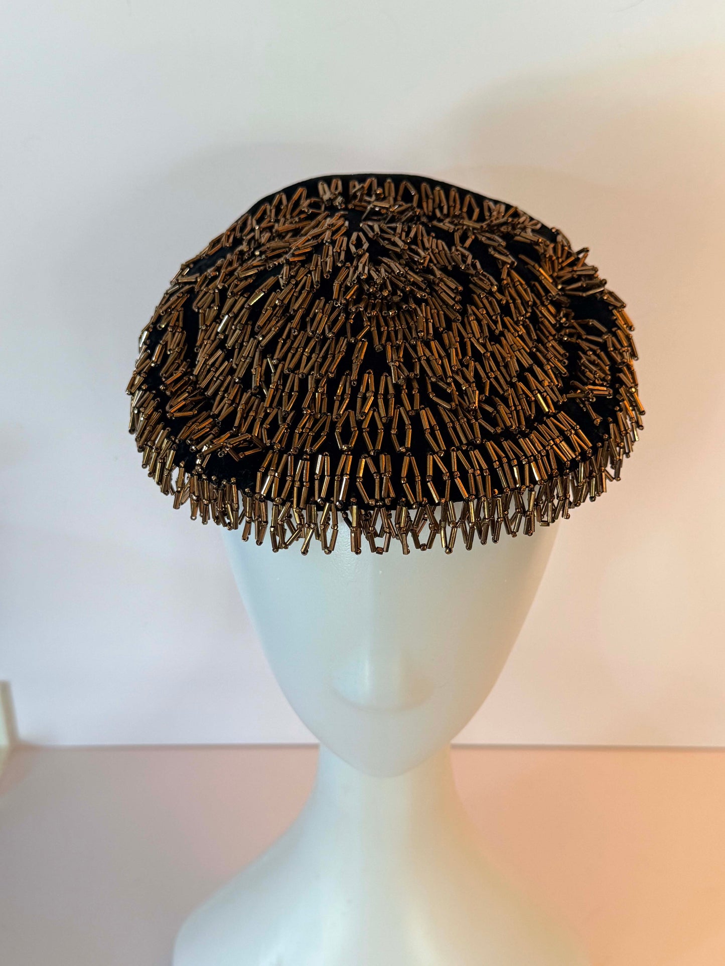Vintage Mat Frank Original by Lee Leon New York Black Velvet Pillbox Hat with Bronze Bugle Bead Embellishment | Veil Ready Designer Cocktail Hat | Couture Millinery
