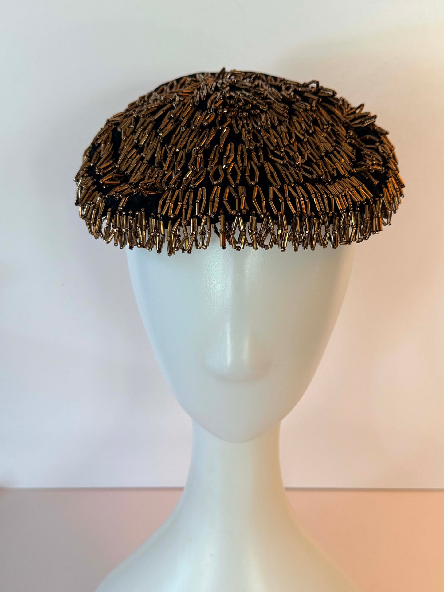 Vintage Mat Frank Original by Lee Leon New York Black Velvet Pillbox Hat with Bronze Bugle Bead Embellishment | Veil Ready Designer Cocktail Hat | Couture Millinery
