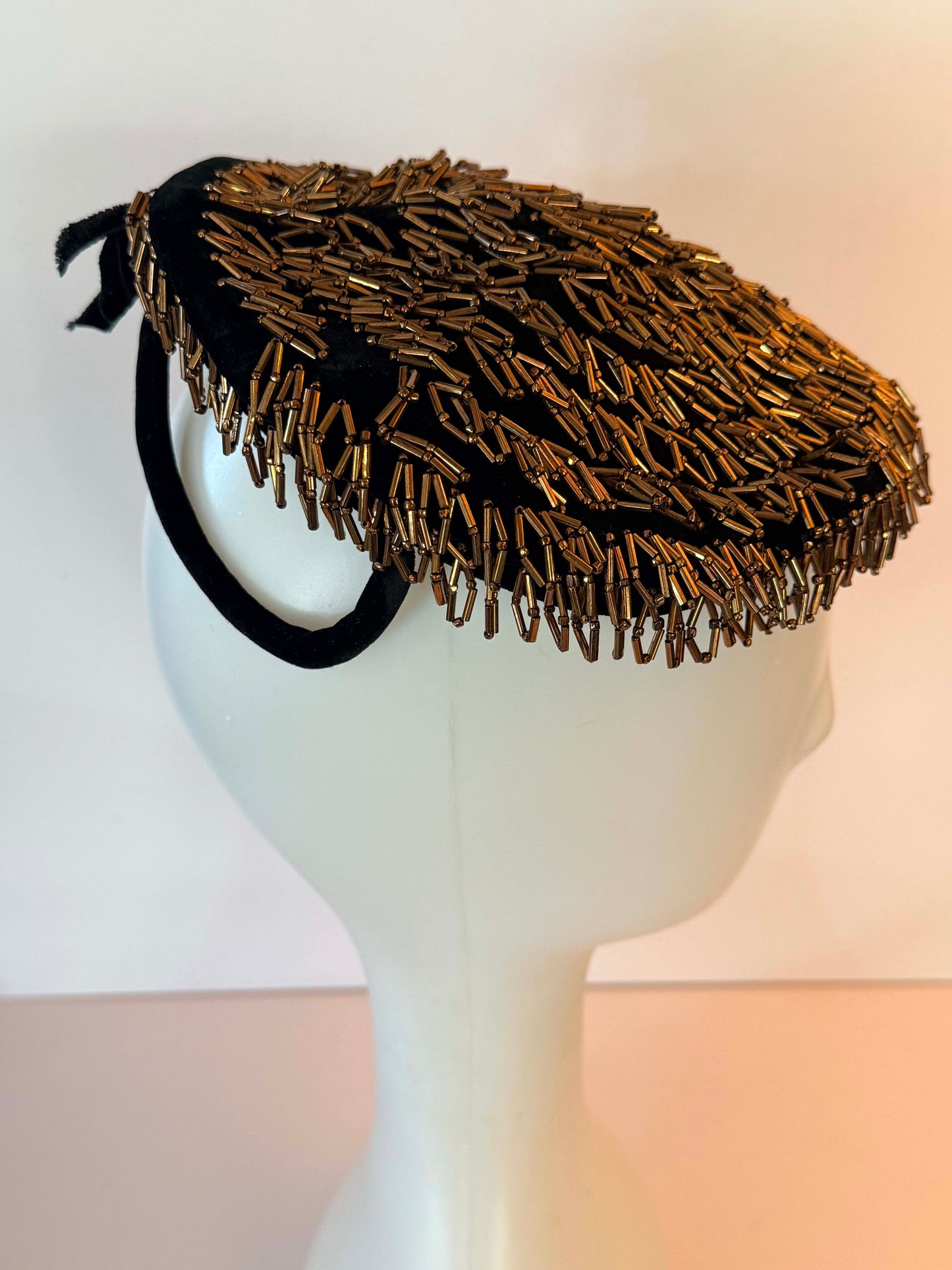 Vintage Mat Frank Original by Lee Leon New York Black Velvet Pillbox Hat with Bronze Bugle Bead Embellishment | Veil Ready Designer Cocktail Hat | Couture Millinery