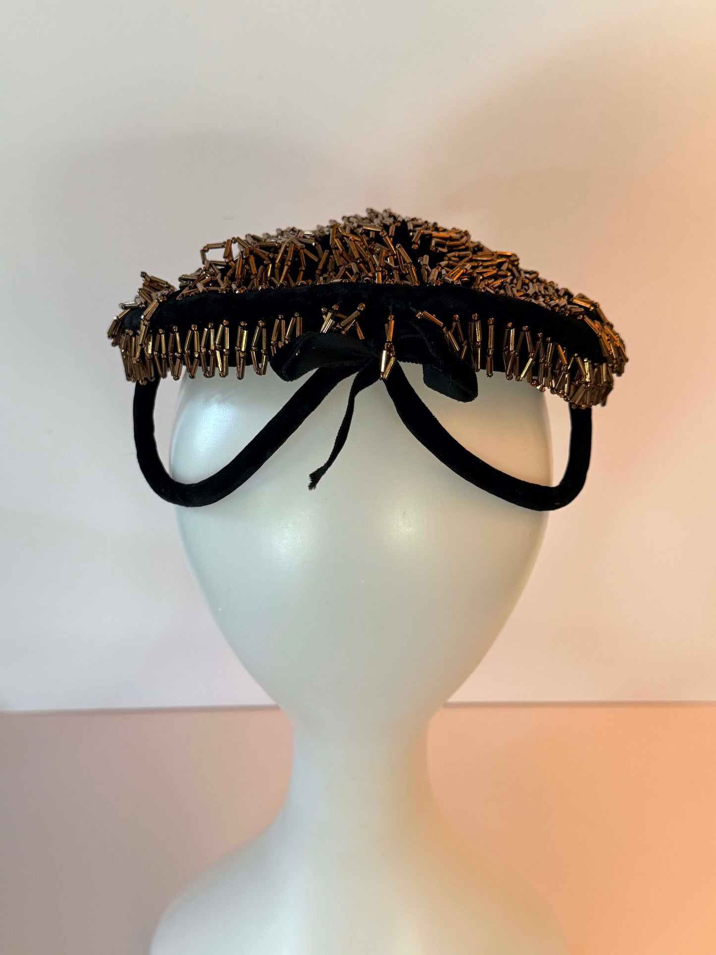 Vintage Mat Frank Original by Lee Leon New York Black Velvet Pillbox Hat with Bronze Bugle Bead Embellishment | Veil Ready Designer Cocktail Hat | Couture Millinery