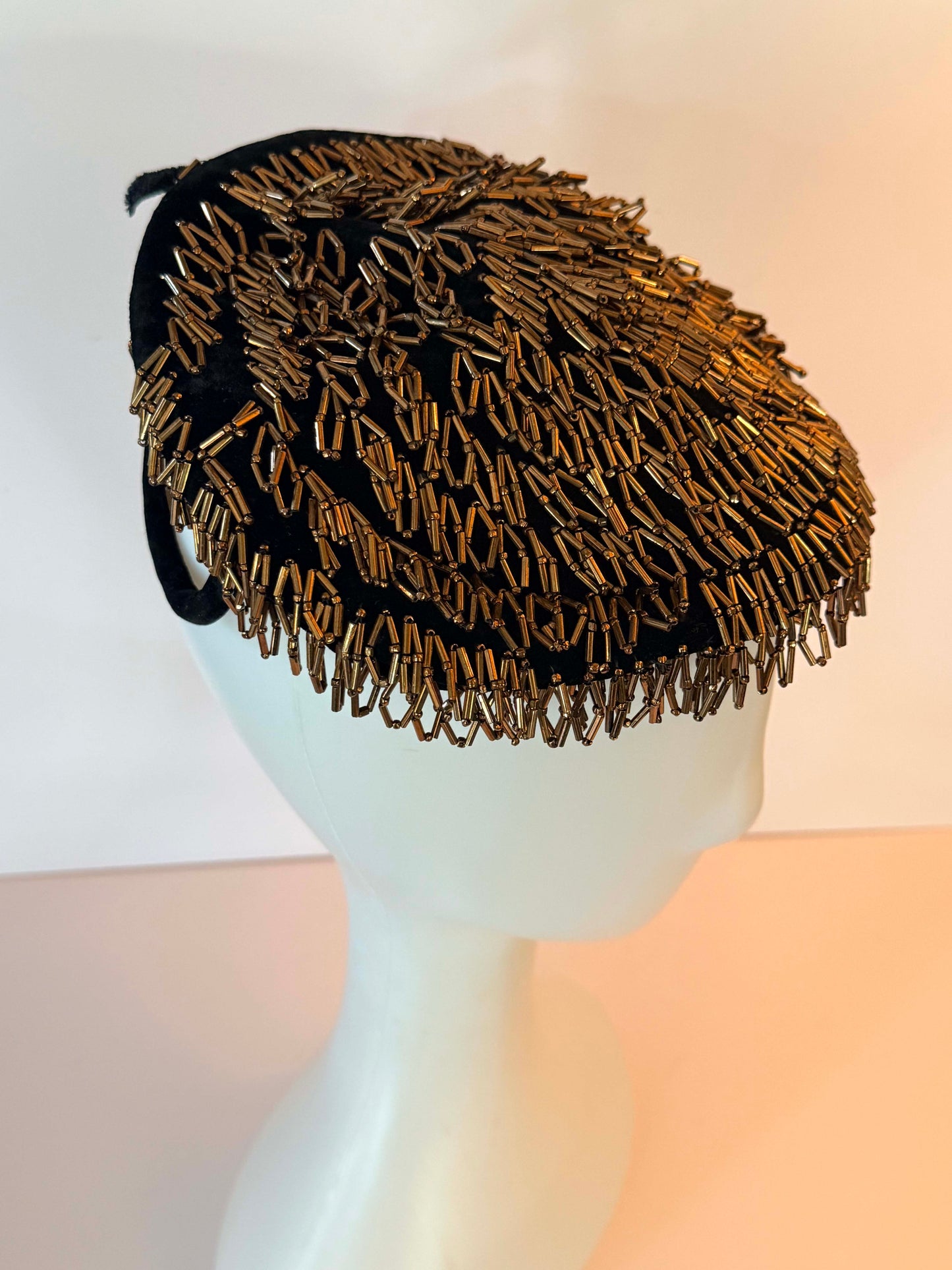 Vintage Mat Frank Original by Lee Leon New York Black Velvet Pillbox Hat with Bronze Bugle Bead Embellishment | Veil Ready Designer Cocktail Hat | Couture Millinery