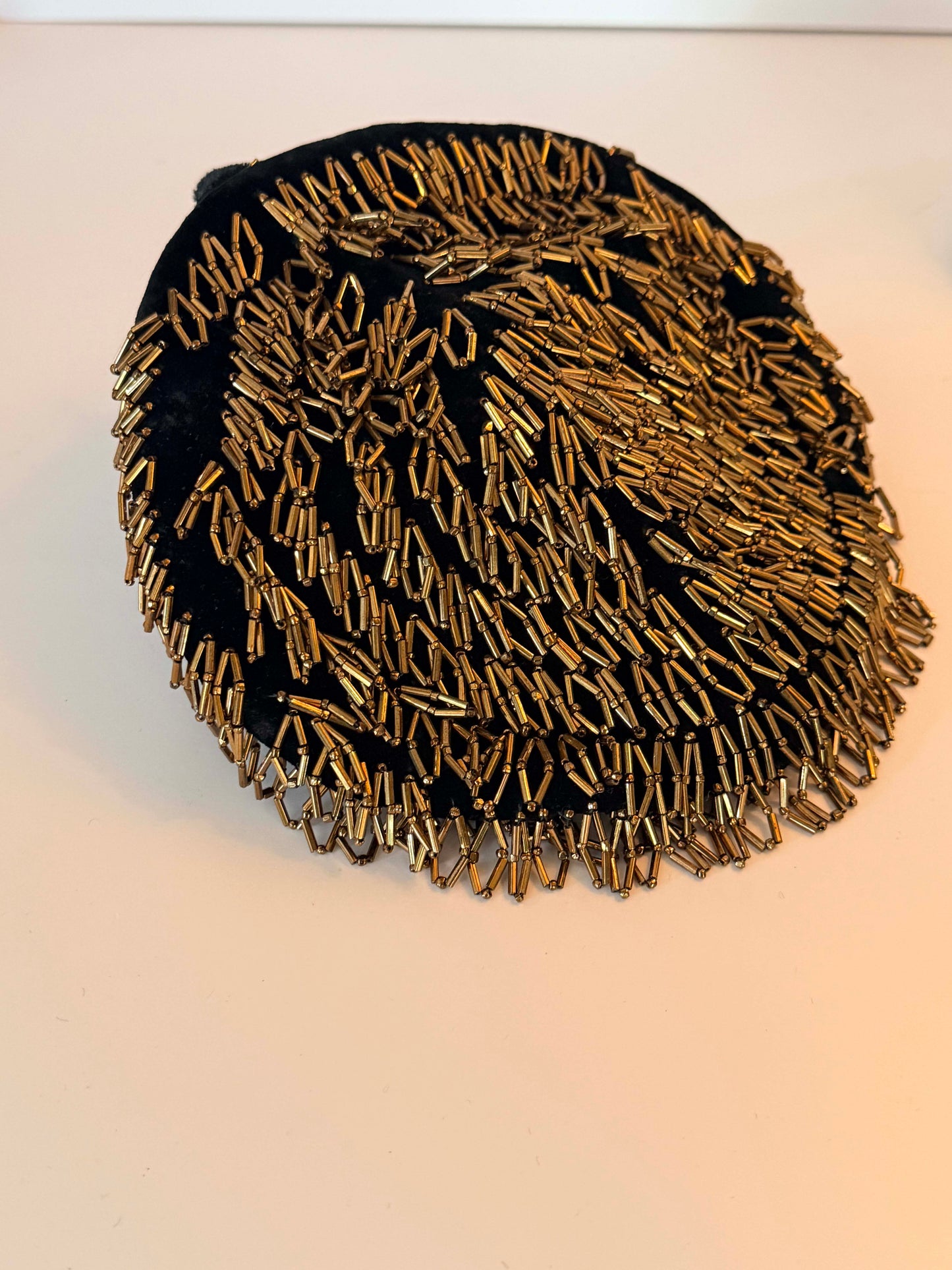 Vintage Mat Frank Original by Lee Leon New York Black Velvet Pillbox Hat with Bronze Bugle Bead Embellishment | Veil Ready Designer Cocktail Hat | Couture Millinery