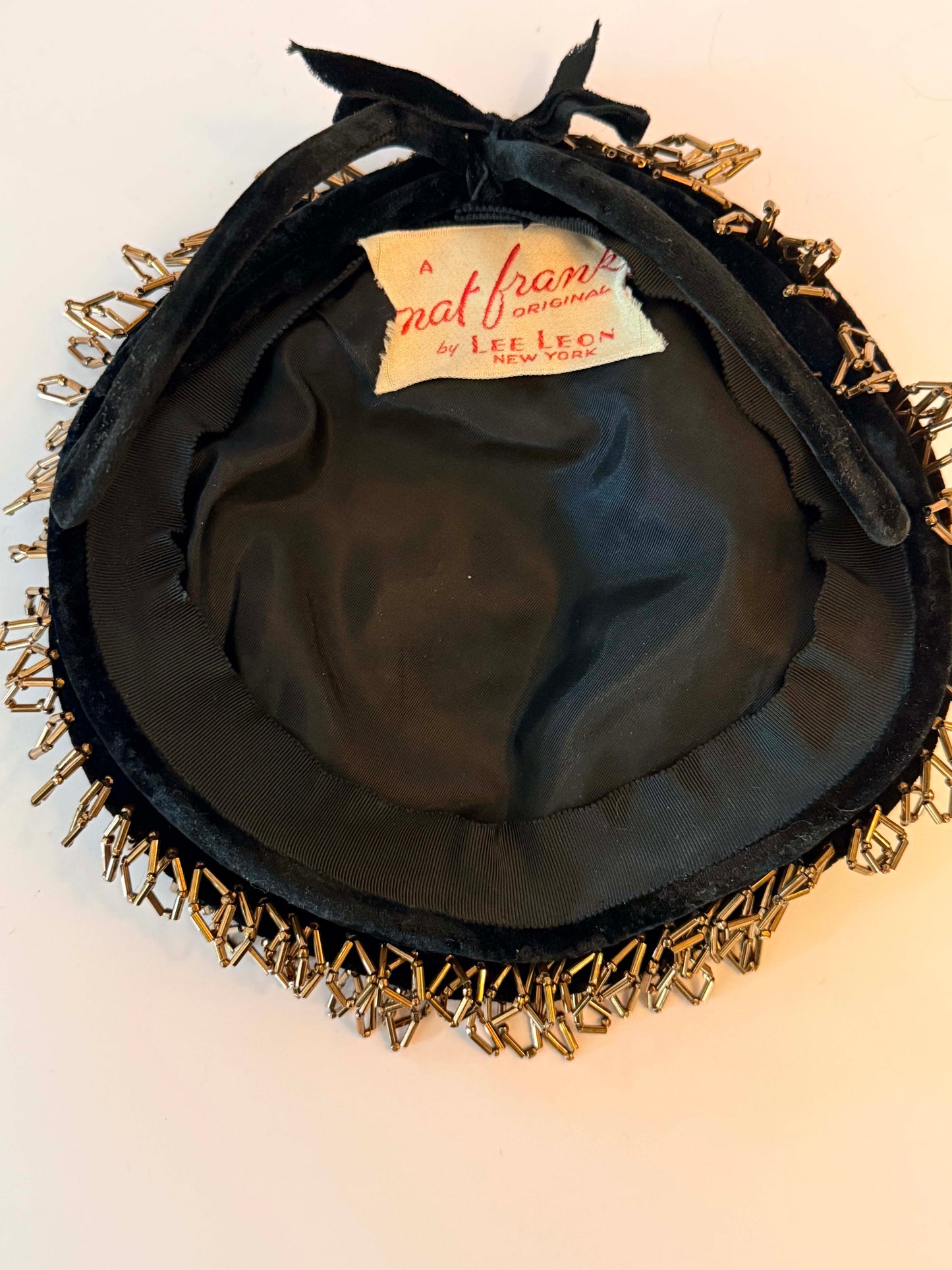 Vintage Mat Frank Original by Lee Leon New York Black Velvet Pillbox Hat with Bronze Bugle Bead Embellishment | Veil Ready Designer Cocktail Hat | Couture Millinery