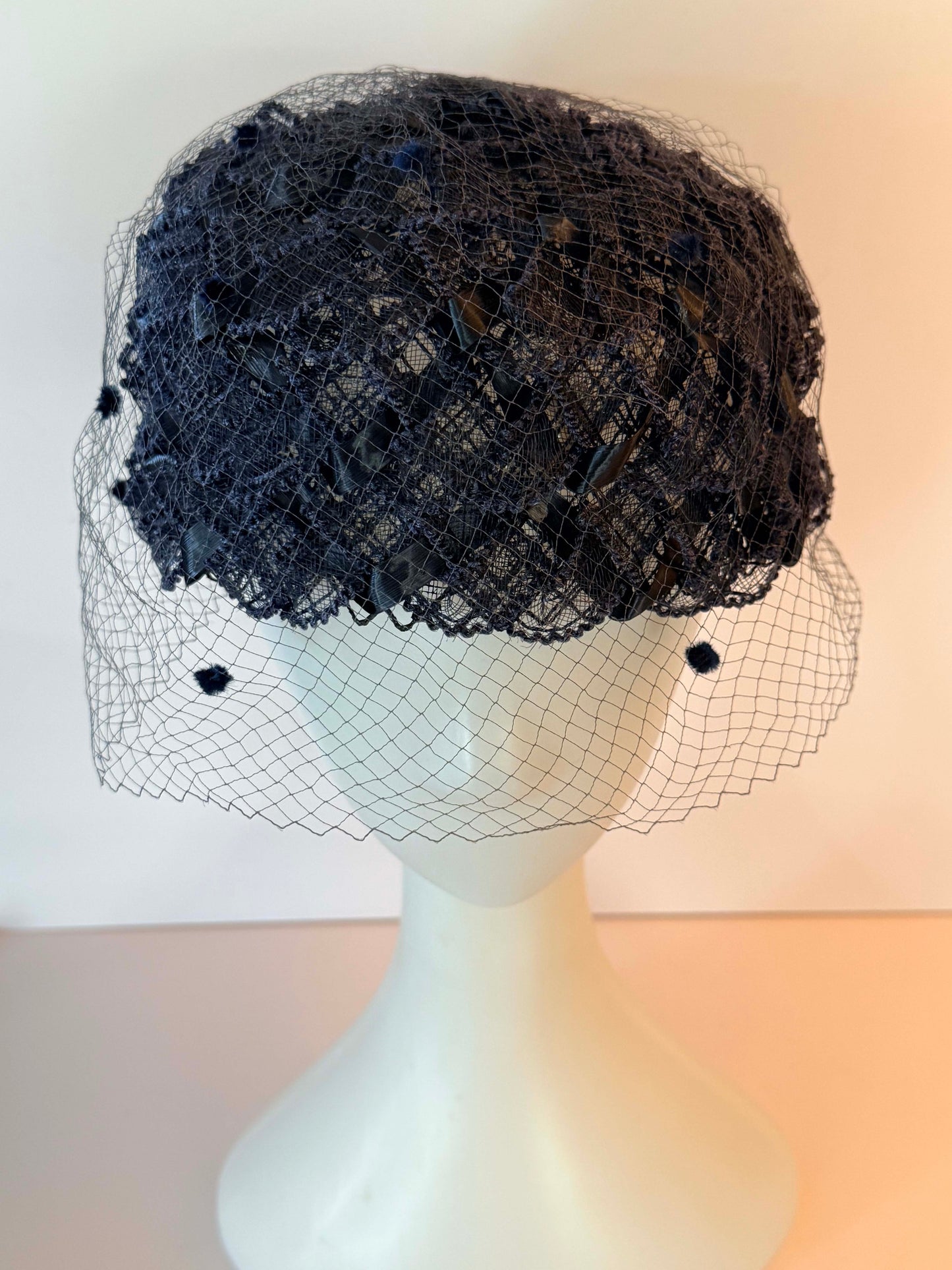 Vintage Navy Blue Birdcage Veil Hat | 1950s Lace Cocktail Hat | Veil Ready Fascinator | French Netting Wedding Hat | Vintage Bridal Millinery