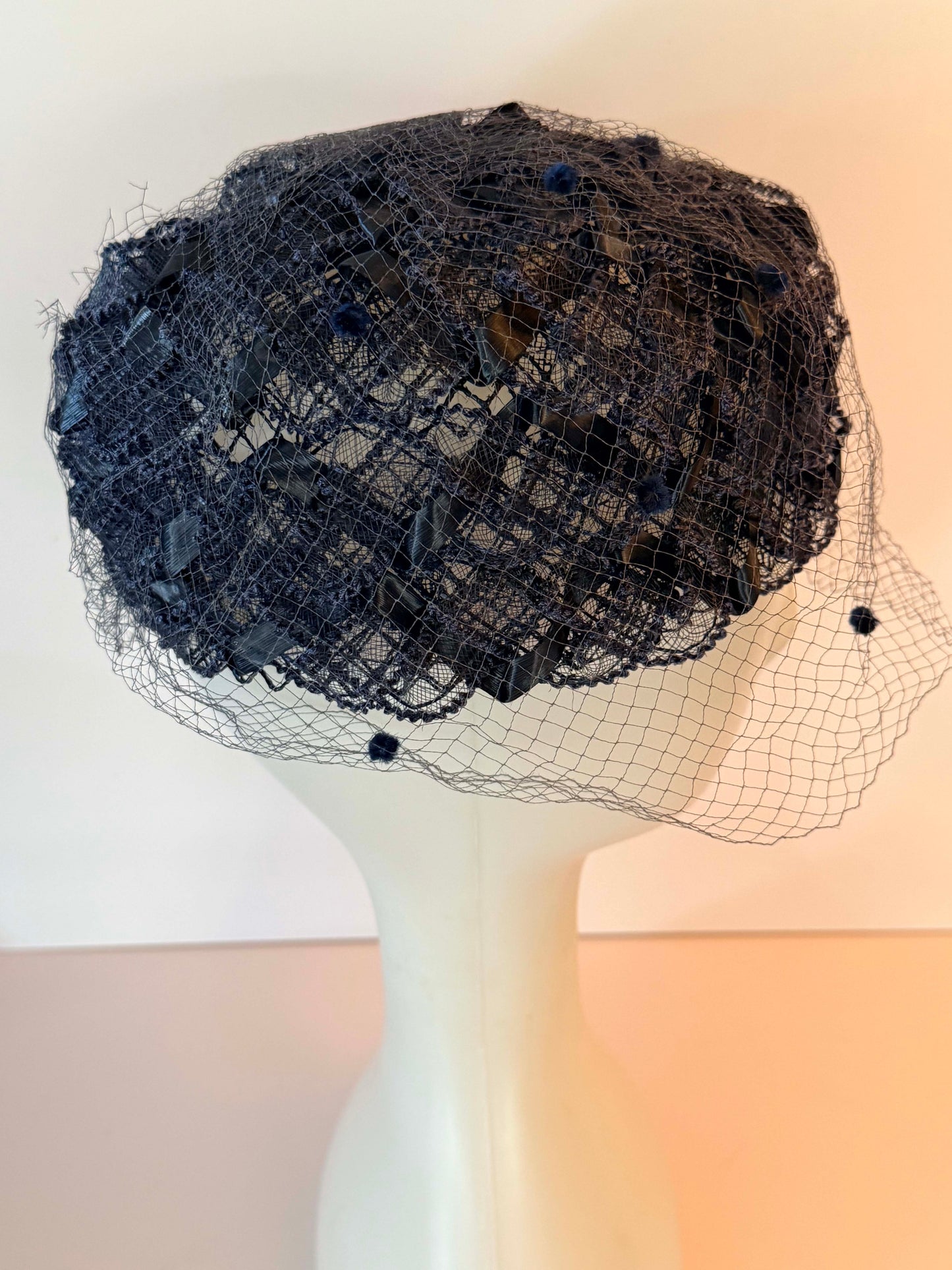 Vintage Navy Blue Birdcage Veil Hat | 1950s Lace Cocktail Hat | Veil Ready Fascinator | French Netting Wedding Hat | Vintage Bridal Millinery