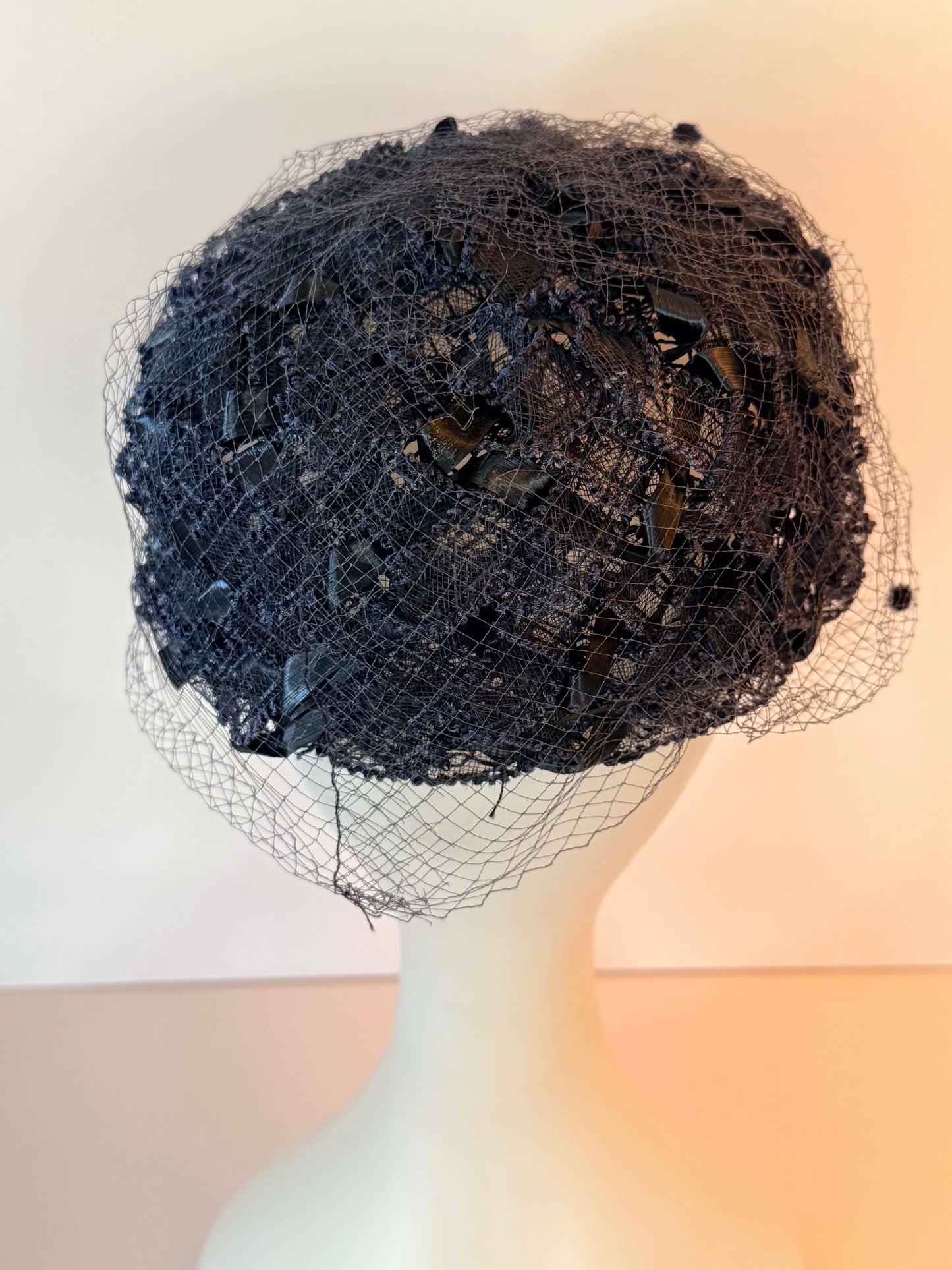 Vintage Navy Blue Birdcage Veil Hat | 1950s Lace Cocktail Hat | Veil Ready Fascinator | French Netting Wedding Hat | Vintage Bridal Millinery